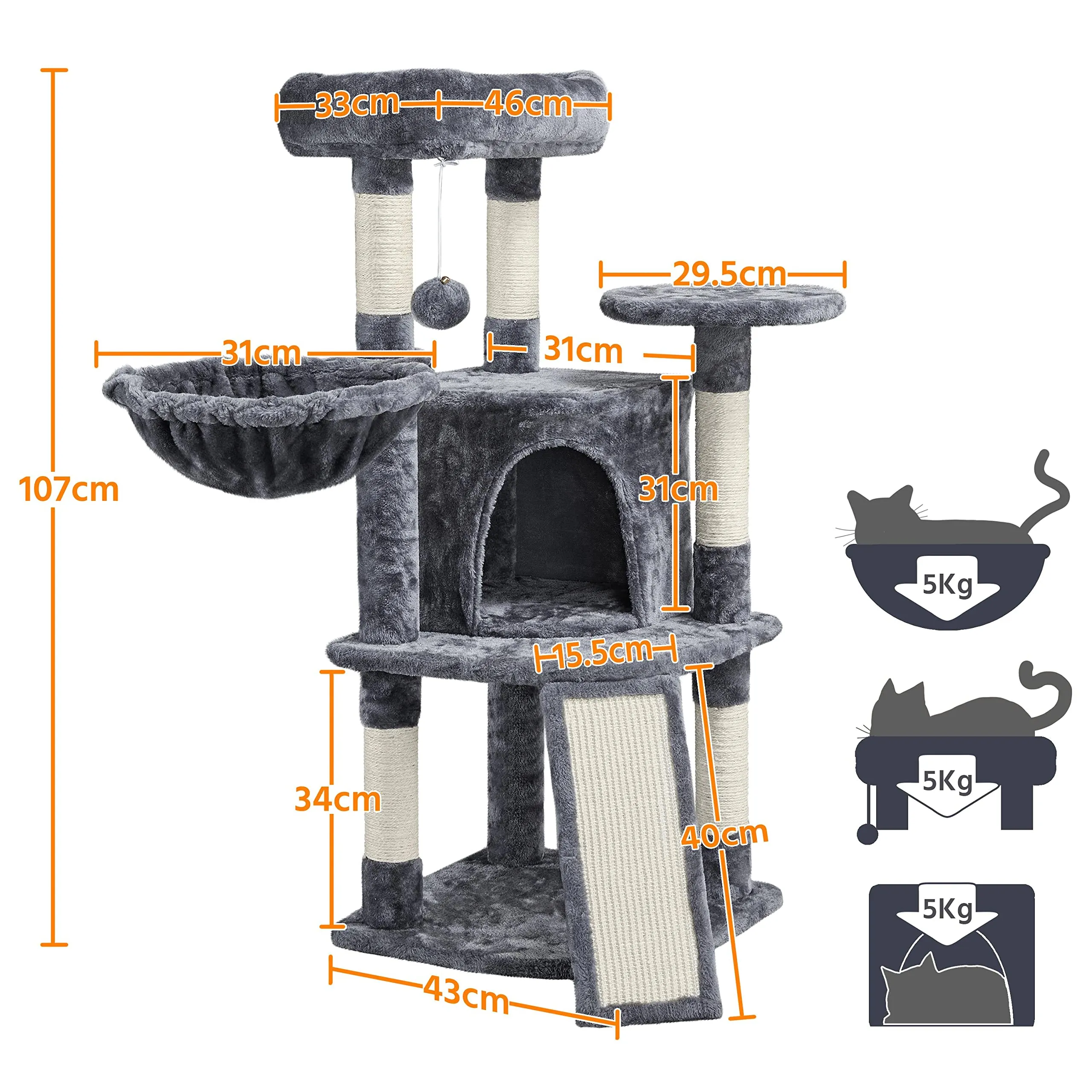 Yaheetech Albero Tiragraffi per Gatti 106 cm Multilivello Grigio Scuro - immagine 2