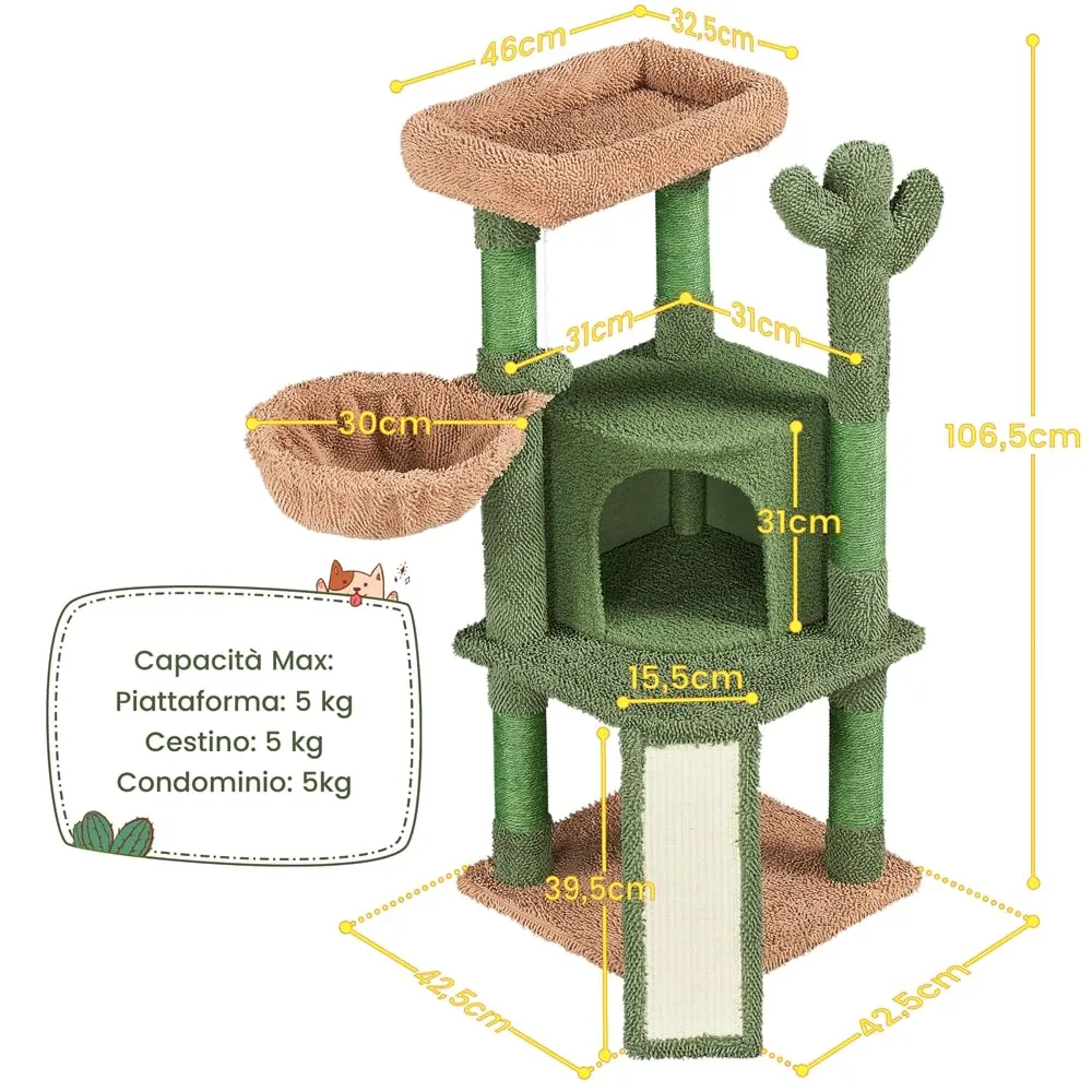 Yaheetech Albero Tiragraffi per Gatti 106,5 cm Cactus Design Verde Marrone - immagine 3
