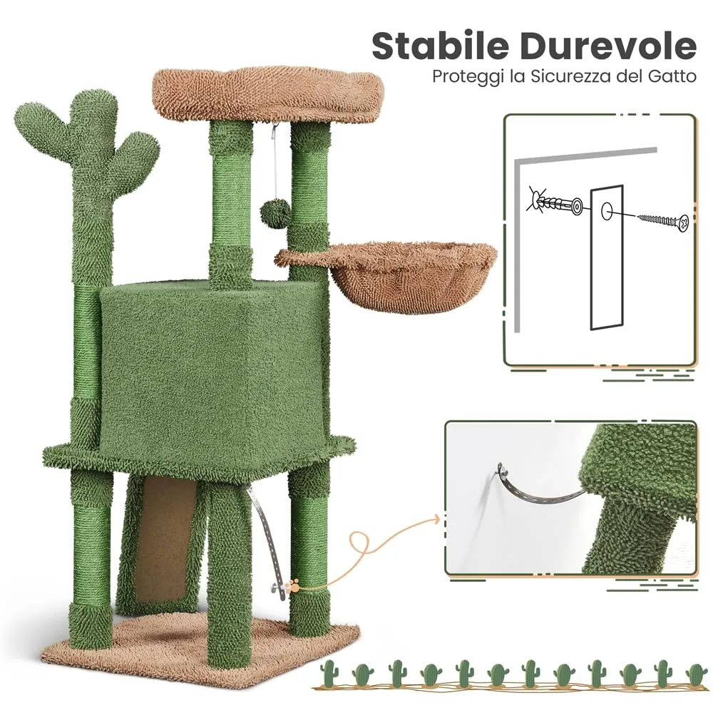 Yaheetech Albero Tiragraffi per Gatti 106,5 cm Cactus Design Verde Marrone - immagine 6