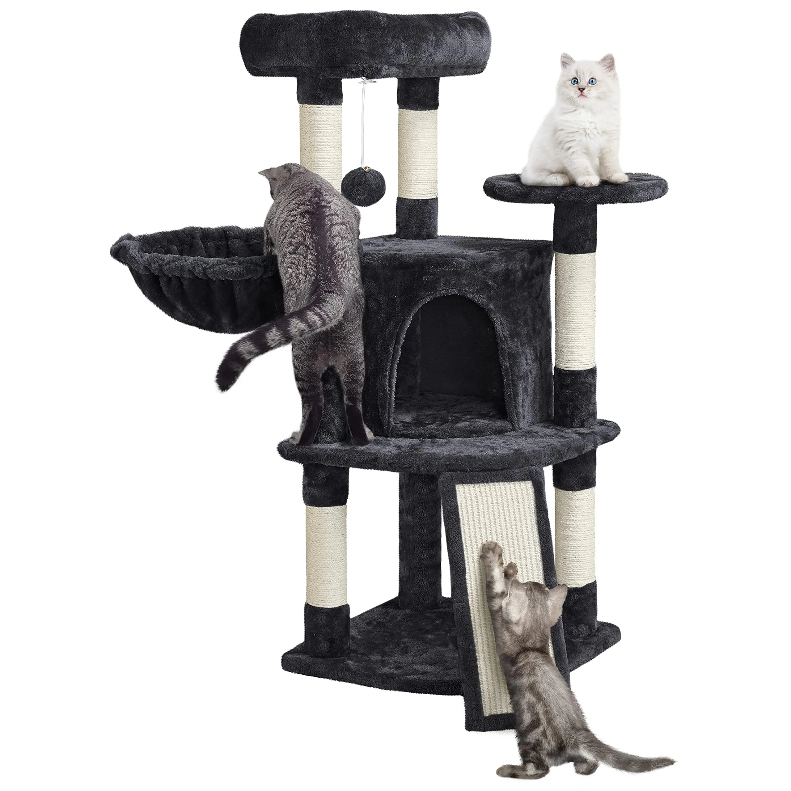 Yaheetech Albero Tiragraffi per Gatti con Ampio Trespolo Grande Cesto e Grotta, Rampetta Graffiatoio e Pali in Sisal, 43,5 x 43,5 x 106 cm, Nero - immagine 1