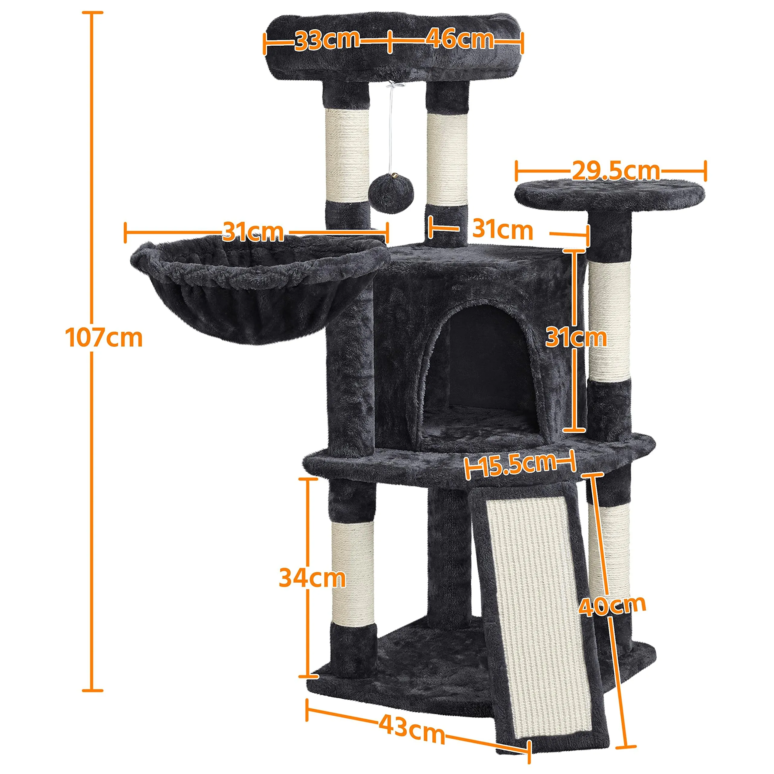 Yaheetech Albero Tiragraffi per Gatti con Ampio Trespolo Grande Cesto e Grotta, Rampetta Graffiatoio e Pali in Sisal, 43,5 x 43,5 x 106 cm, Nero - immagine 2