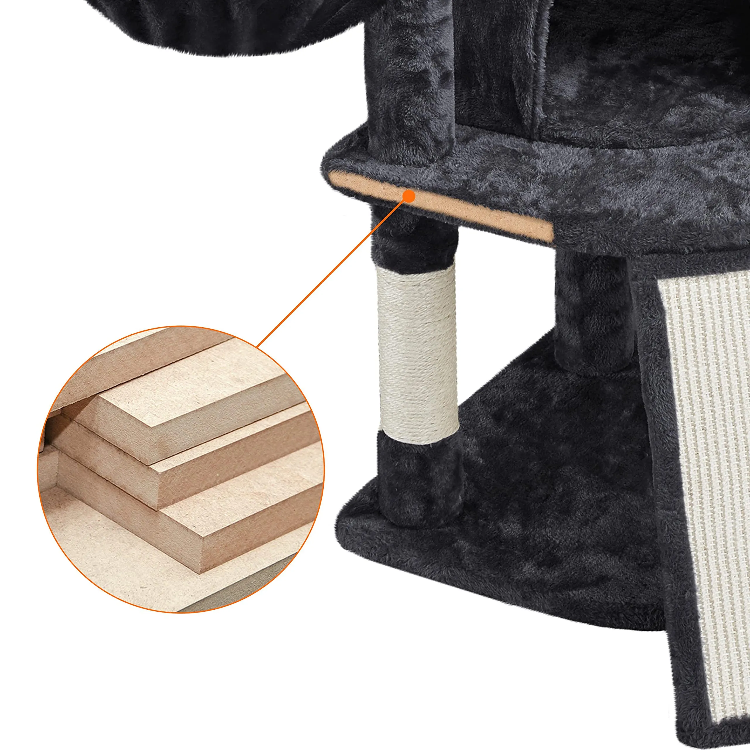 Yaheetech Albero Tiragraffi per Gatti con Ampio Trespolo Grande Cesto e Grotta, Rampetta Graffiatoio e Pali in Sisal, 43,5 x 43,5 x 106 cm, Nero - immagine 5
