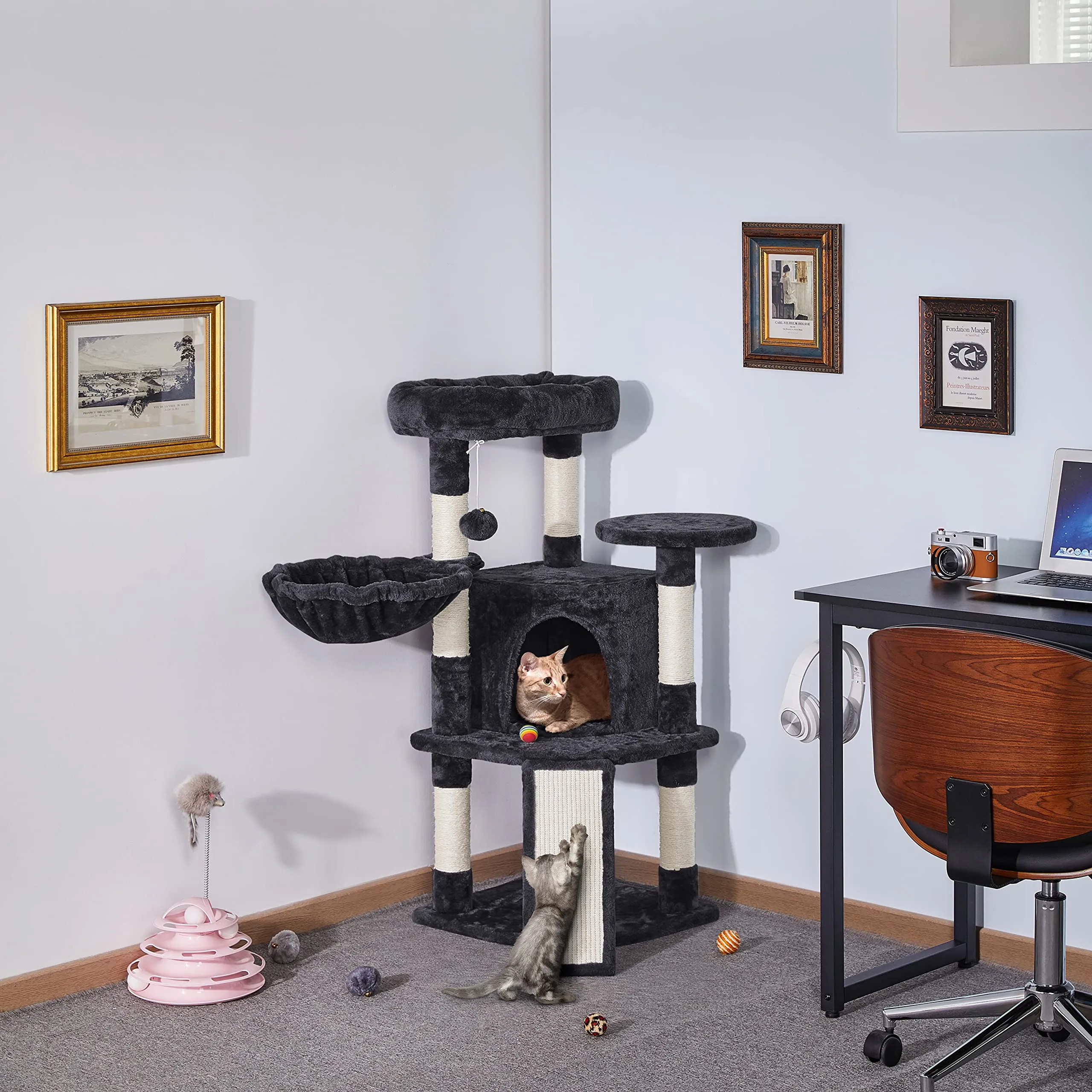 Yaheetech Albero Tiragraffi per Gatti con Ampio Trespolo Grande Cesto e Grotta, Rampetta Graffiatoio e Pali in Sisal, 43,5 x 43,5 x 106 cm, Nero - immagine 9