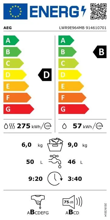 AEG Lavasciuga 9 kg Lavaggio 6 kg Asciugatura LWR9E964MB Bianco - immagine 9