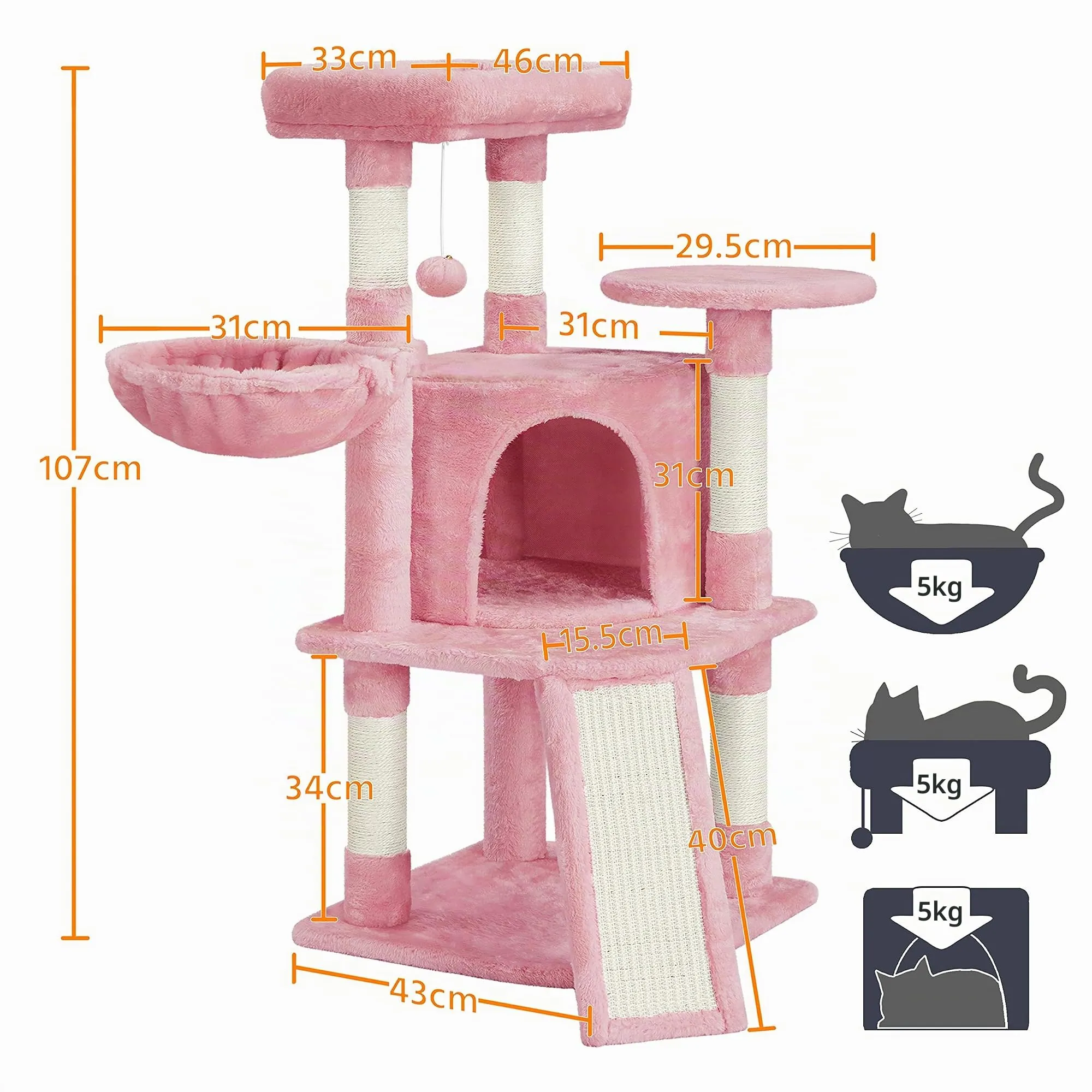 Yaheetech Tiragraffi Albero per Gatti 107 cm con Condonimio Cestino Posatoio Palla Rosa - immagine 2