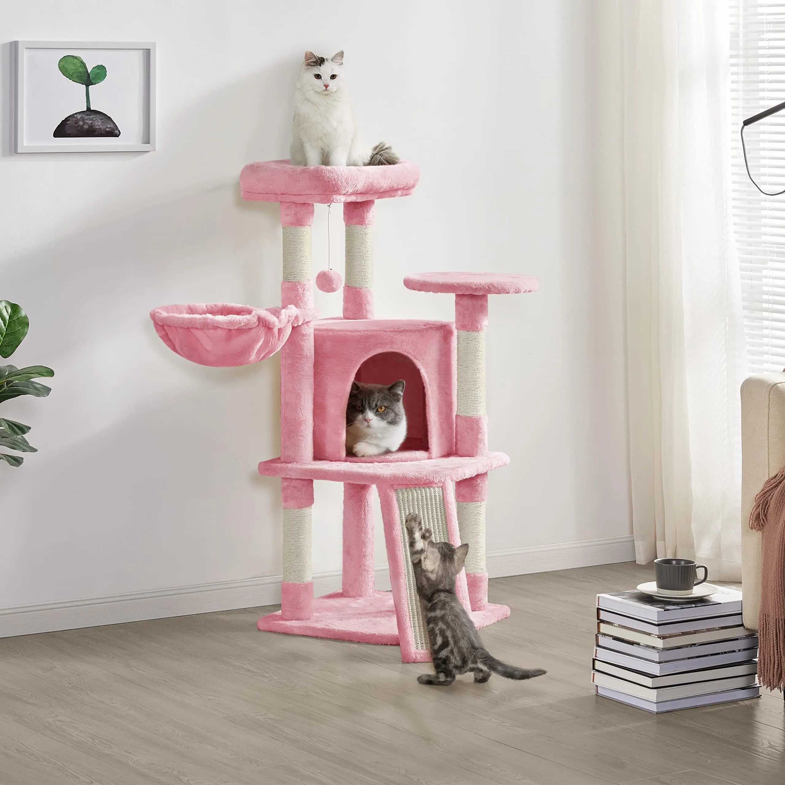 Yaheetech Tiragraffi Albero per Gatti 107 cm con Condonimio Cestino Posatoio Palla Rosa - immagine 3