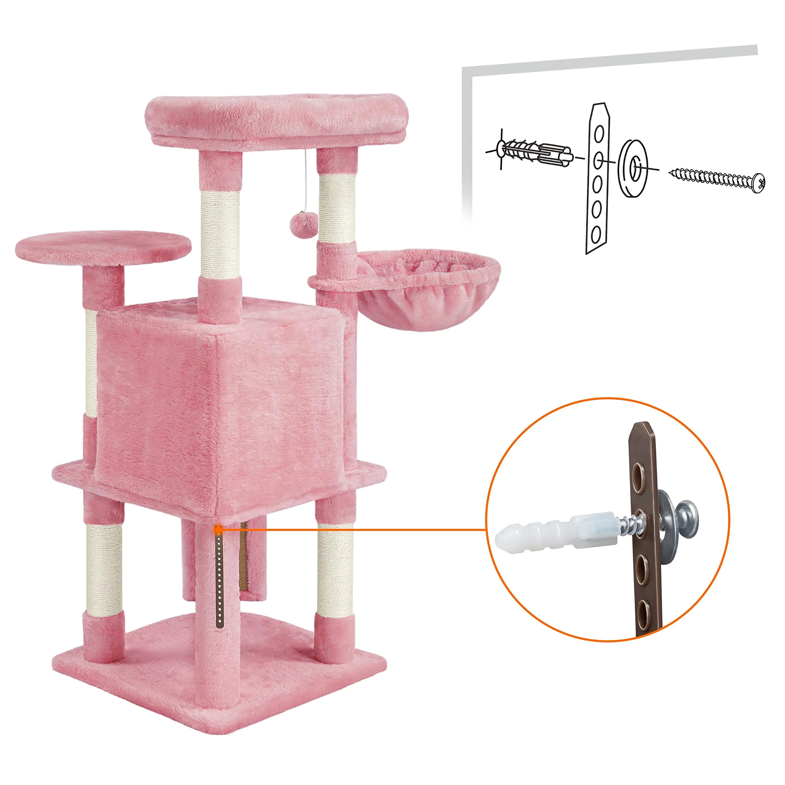 Yaheetech Tiragraffi Albero per Gatti 107 cm con Condonimio Cestino Posatoio Palla Rosa - immagine 5