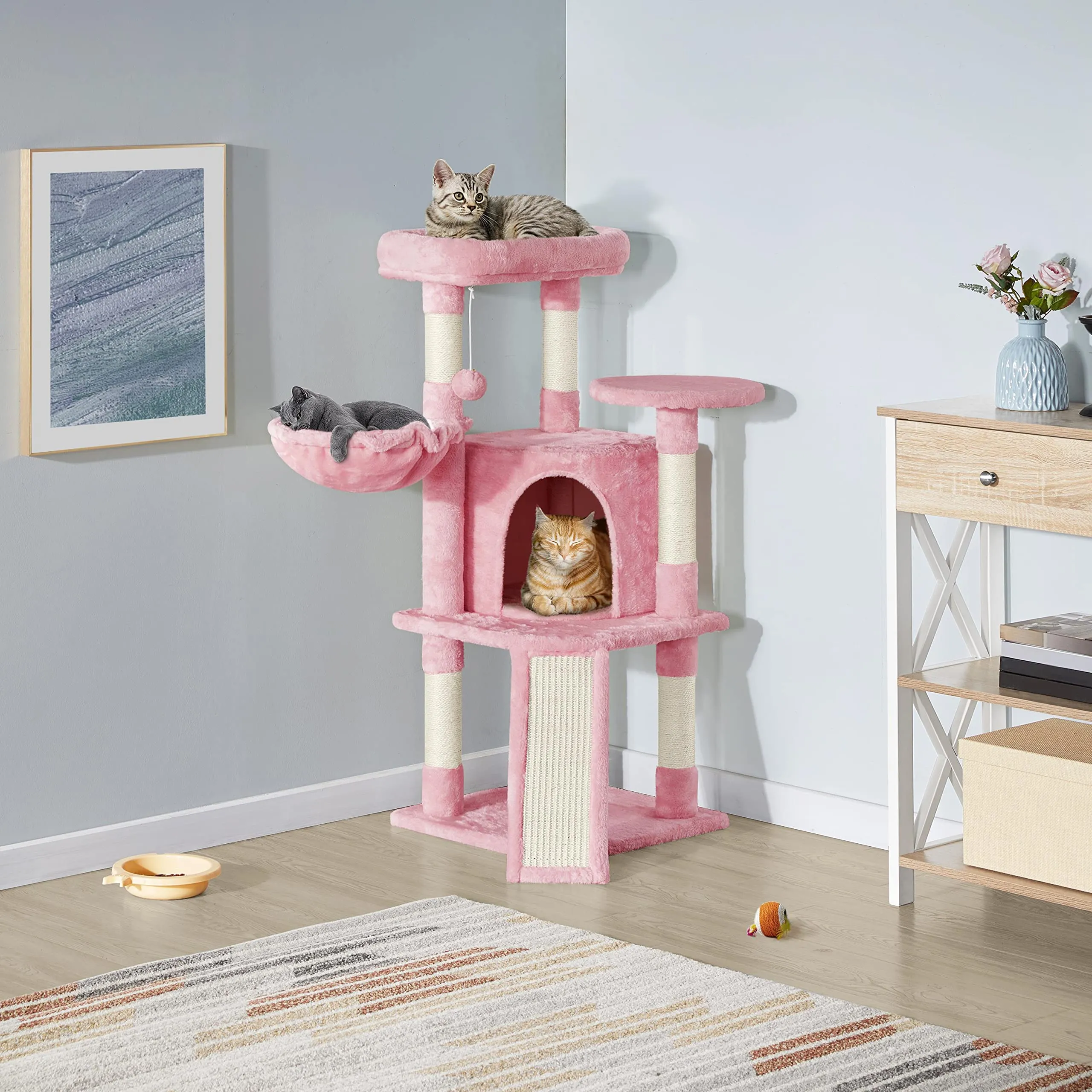 Yaheetech Tiragraffi Albero per Gatti 107 cm con Condonimio Cestino Posatoio Palla Rosa - immagine 9