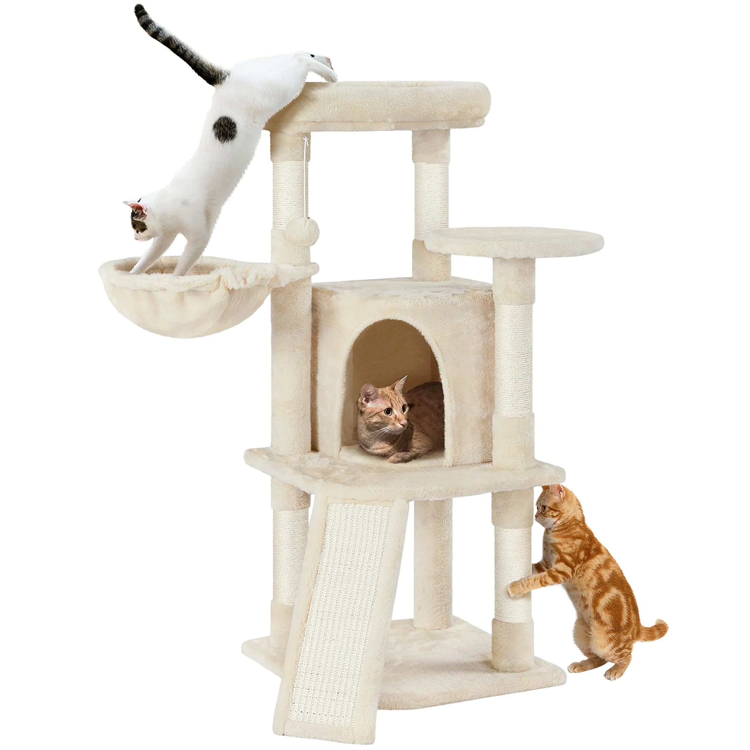 Yaheetech Albero Tiragraffi per Gatti con Ampio Trespolo Grande Cesto e Grotta, Rampetta Graffiatoio e Pali in Sisal, 43,5 x 43,5 x 106 cm, Beige - immagine 1