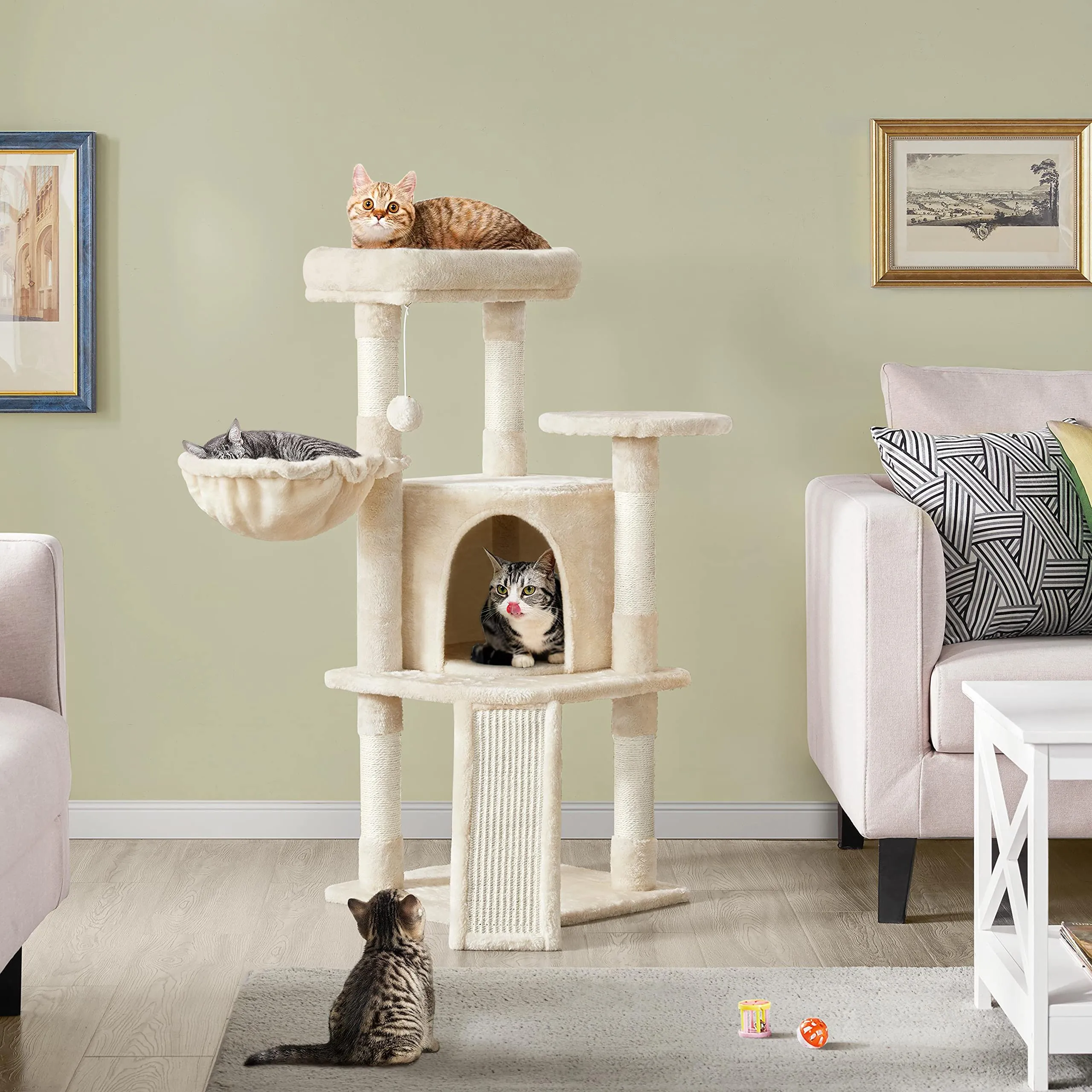 Yaheetech Albero Tiragraffi per Gatti con Ampio Trespolo Grande Cesto e Grotta, Rampetta Graffiatoio e Pali in Sisal, 43,5 x 43,5 x 106 cm, Beige - immagine 2