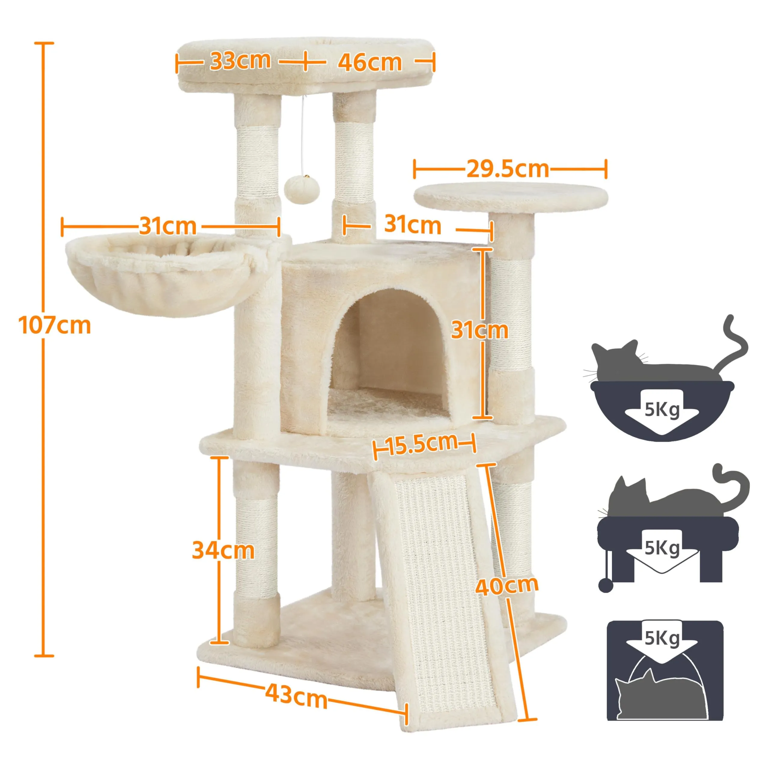 Yaheetech Albero Tiragraffi per Gatti con Ampio Trespolo Grande Cesto e Grotta, Rampetta Graffiatoio e Pali in Sisal, 43,5 x 43,5 x 106 cm, Beige - immagine 4