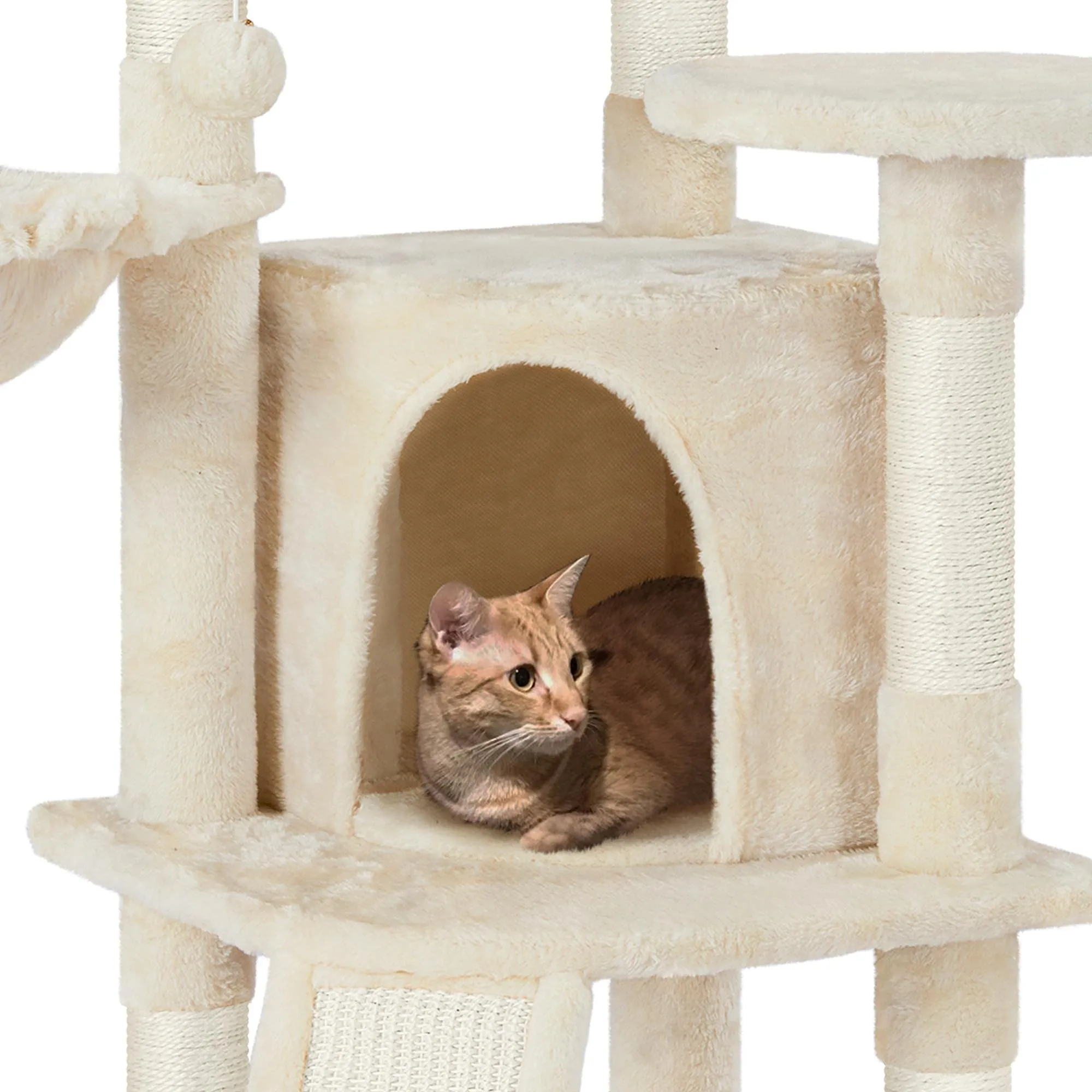 Yaheetech Albero Tiragraffi per Gatti con Ampio Trespolo Grande Cesto e Grotta, Rampetta Graffiatoio e Pali in Sisal, 43,5 x 43,5 x 106 cm, Beige - immagine 6