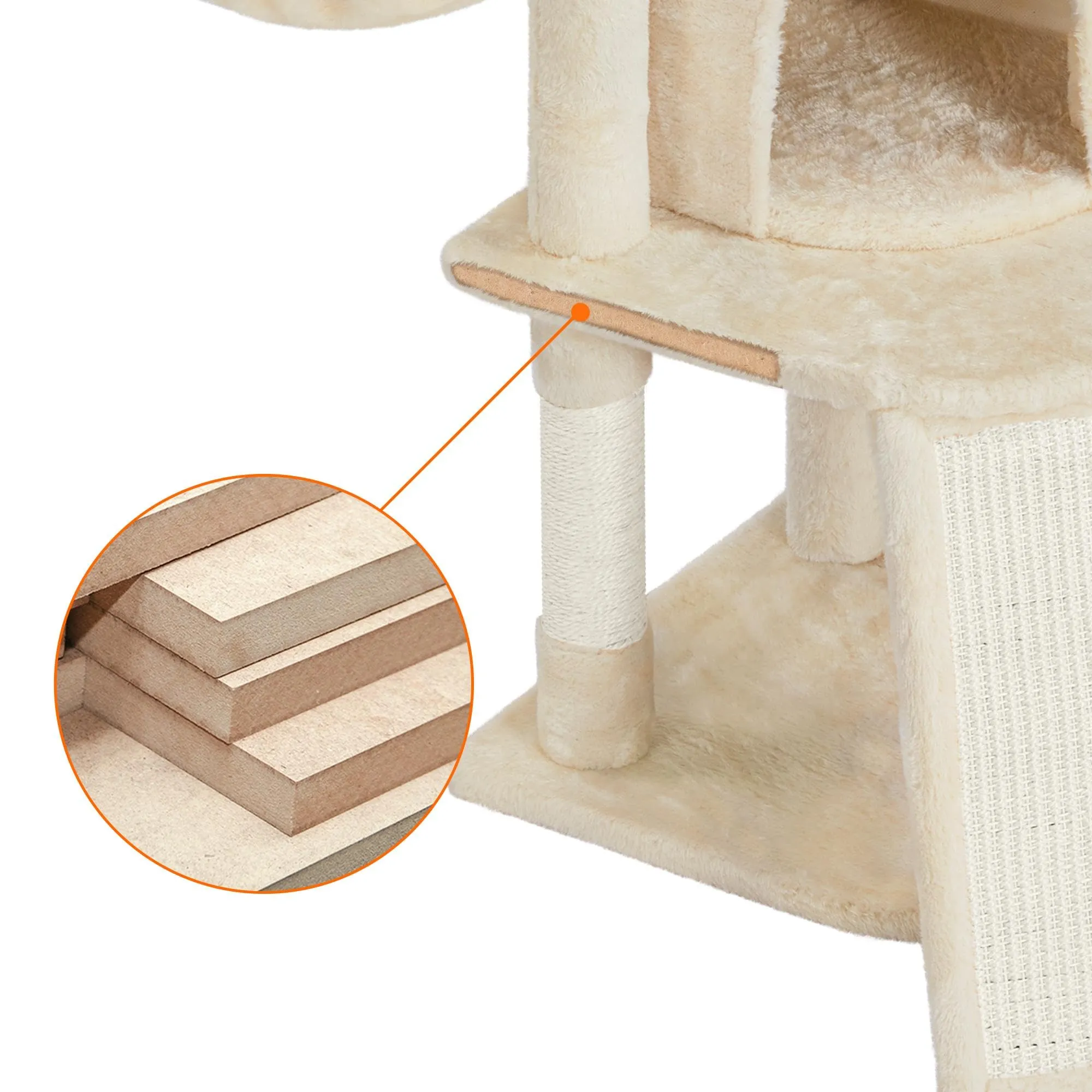 Yaheetech Albero Tiragraffi per Gatti con Ampio Trespolo Grande Cesto e Grotta, Rampetta Graffiatoio e Pali in Sisal, 43,5 x 43,5 x 106 cm, Beige - immagine 9
