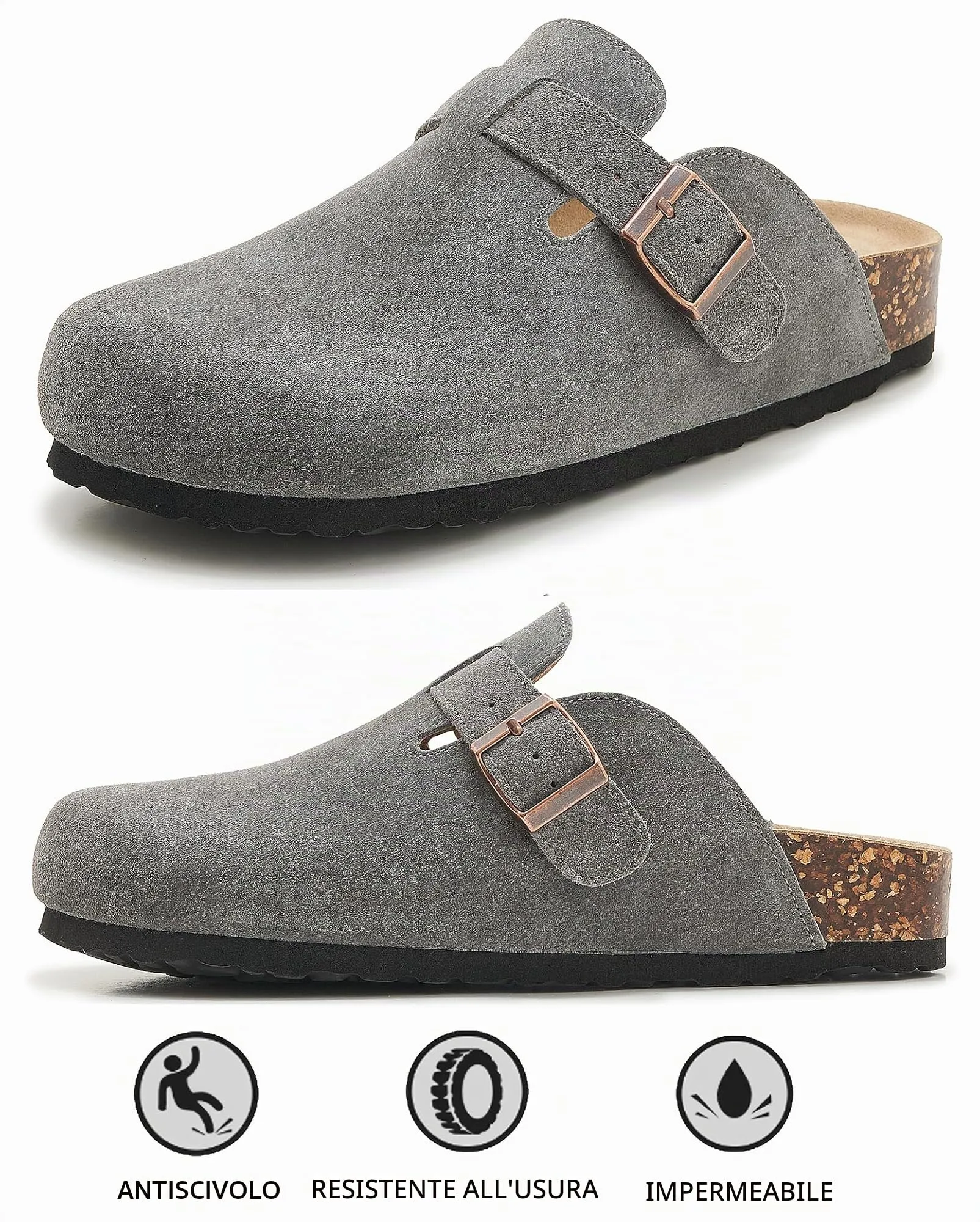 Meik Mangni Zoccoli e Sabot Donna Ciabatte da Uomo Pantofole in Pelle,Grigio Scuro 38 EU - immagine 3