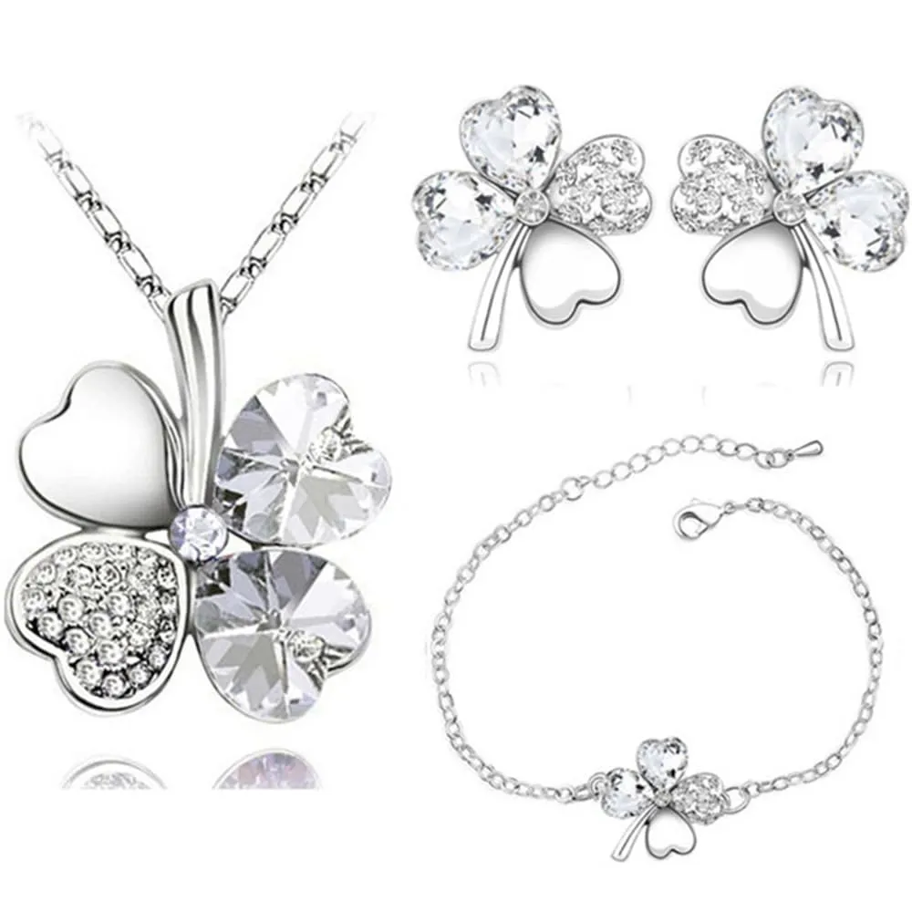 XFSRG Parure Gioielli Donna con Collana Quadrifoglio Portafortuna Orecchini e Bracciale con Ciondolo in Cristallo Elegante per Matrimoni e Feste (Argento) - immagine 1