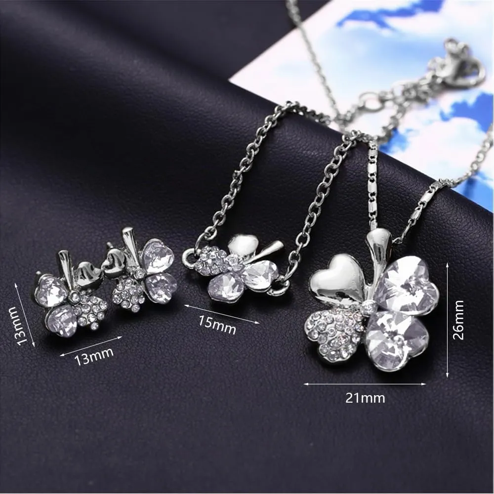 XFSRG Parure Gioielli Donna con Collana Quadrifoglio Portafortuna Orecchini e Bracciale con Ciondolo in Cristallo Elegante per Matrimoni e Feste (Argento) - immagine 2