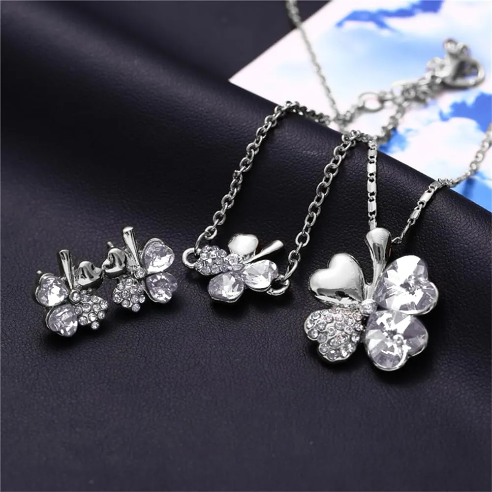 XFSRG Parure Gioielli Donna con Collana Quadrifoglio Portafortuna Orecchini e Bracciale con Ciondolo in Cristallo Elegante per Matrimoni e Feste (Argento) - immagine 7