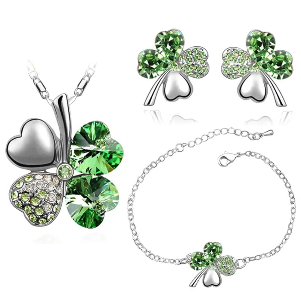 XFSRG Parure Gioielli Donna con Collana Quadrifoglio Portafortuna Orecchini e Bracciale con Ciondolo in Cristallo Elegante per Matrimoni e Feste (Verde-2) - immagine 1
