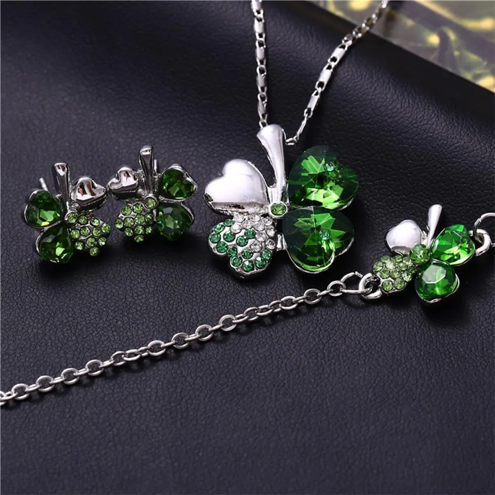 XFSRG Parure Gioielli Donna con Collana Quadrifoglio Portafortuna Orecchini e Bracciale con Ciondolo in Cristallo Elegante per Matrimoni e Feste (Verde-2) - immagine 3