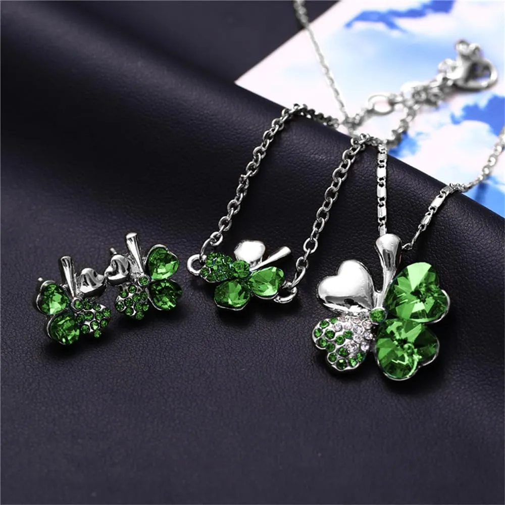 XFSRG Parure Gioielli Donna con Collana Quadrifoglio Portafortuna Orecchini e Bracciale con Ciondolo in Cristallo Elegante per Matrimoni e Feste (Verde-2) - immagine 7