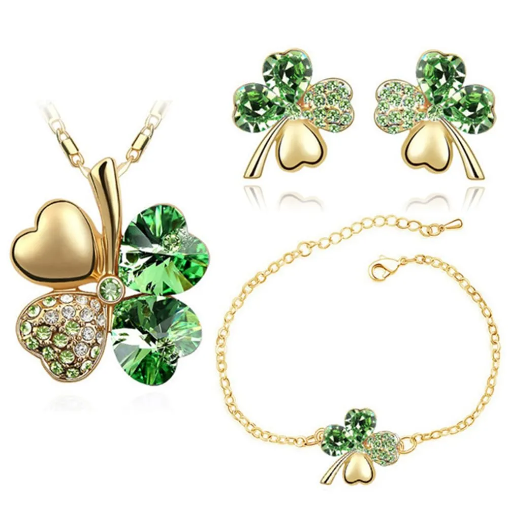 XFSRG Parure Gioielli Donna con Collana Quadrifoglio Portafortuna Orecchini e Bracciale con Ciondolo in Cristallo Elegante per Matrimoni e Feste (Verde-1) - immagine 1
