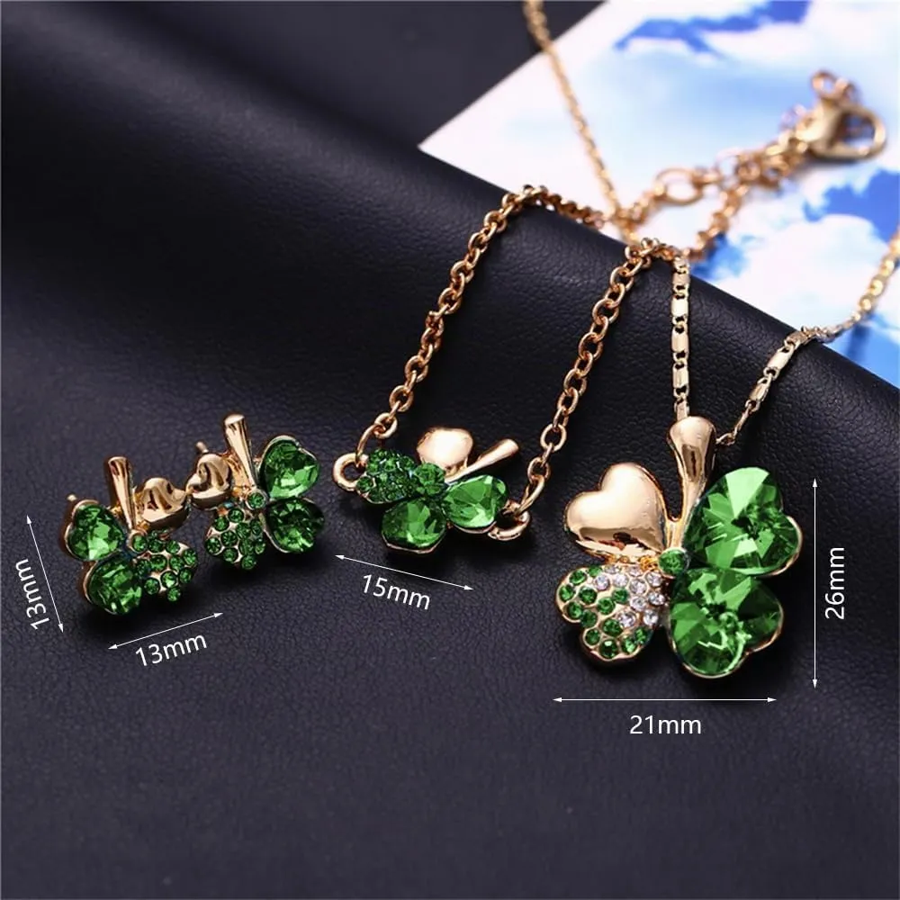 XFSRG Parure Gioielli Donna con Collana Quadrifoglio Portafortuna Orecchini e Bracciale con Ciondolo in Cristallo Elegante per Matrimoni e Feste (Verde-1) - immagine 2
