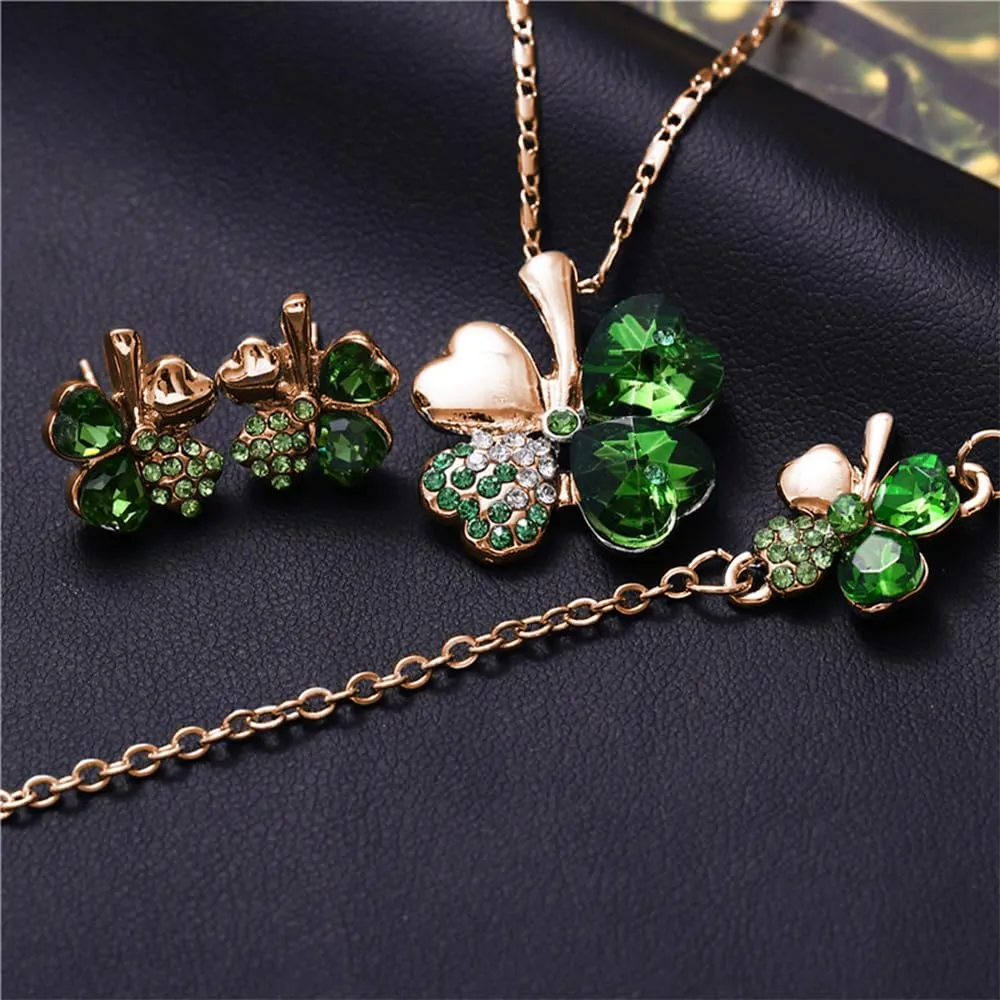 XFSRG Parure Gioielli Donna con Collana Quadrifoglio Portafortuna Orecchini e Bracciale con Ciondolo in Cristallo Elegante per Matrimoni e Feste (Verde-1) - immagine 3