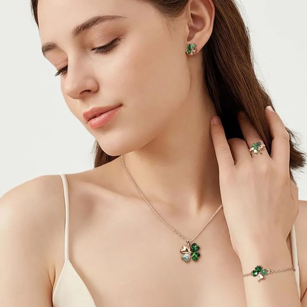 XFSRG Parure Gioielli Donna con Collana Quadrifoglio Portafortuna Orecchini e Bracciale con Ciondolo in Cristallo Elegante per Matrimoni e Feste (Verde-1) - immagine 5