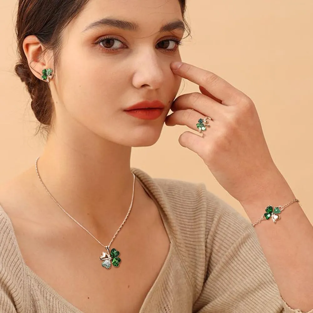 XFSRG Parure Gioielli Donna con Collana Quadrifoglio Portafortuna Orecchini e Bracciale con Ciondolo in Cristallo Elegante per Matrimoni e Feste (Verde-1) - immagine 6