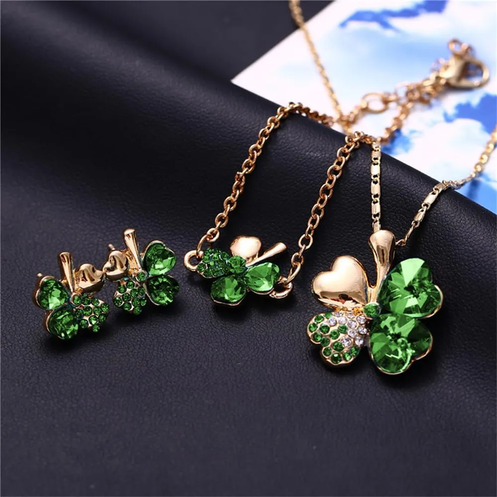 XFSRG Parure Gioielli Donna con Collana Quadrifoglio Portafortuna Orecchini e Bracciale con Ciondolo in Cristallo Elegante per Matrimoni e Feste (Verde-1) - immagine 7