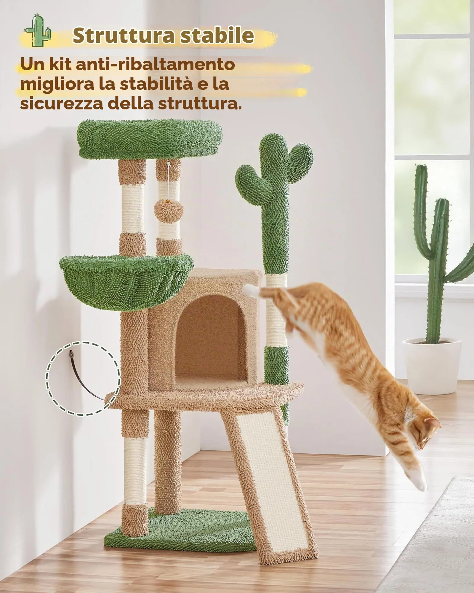 Yaheetech Albero Tiragraffi per Gatti a Forma di Cactus in Truciolato e Corda di Sisal 42,5 cm × 42,5 cm × 106,5 cm Marrone/Verde - immagine 4