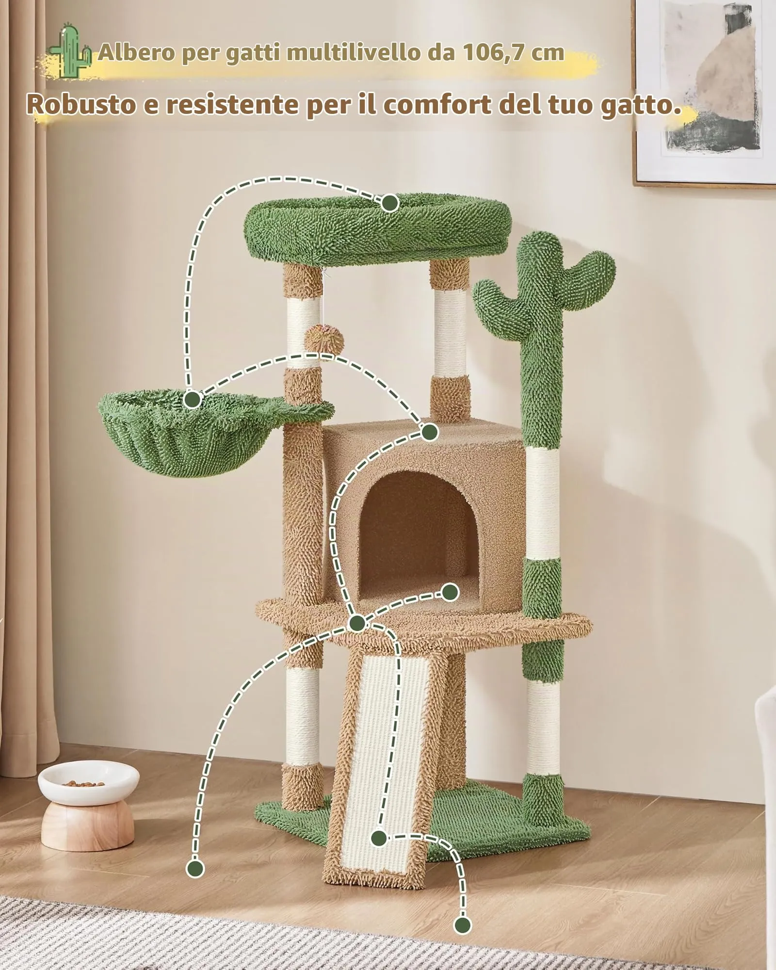Yaheetech Albero Tiragraffi per Gatti a Forma di Cactus in Truciolato e Corda di Sisal 42,5 cm × 42,5 cm × 106,5 cm Marrone/Verde - immagine 5