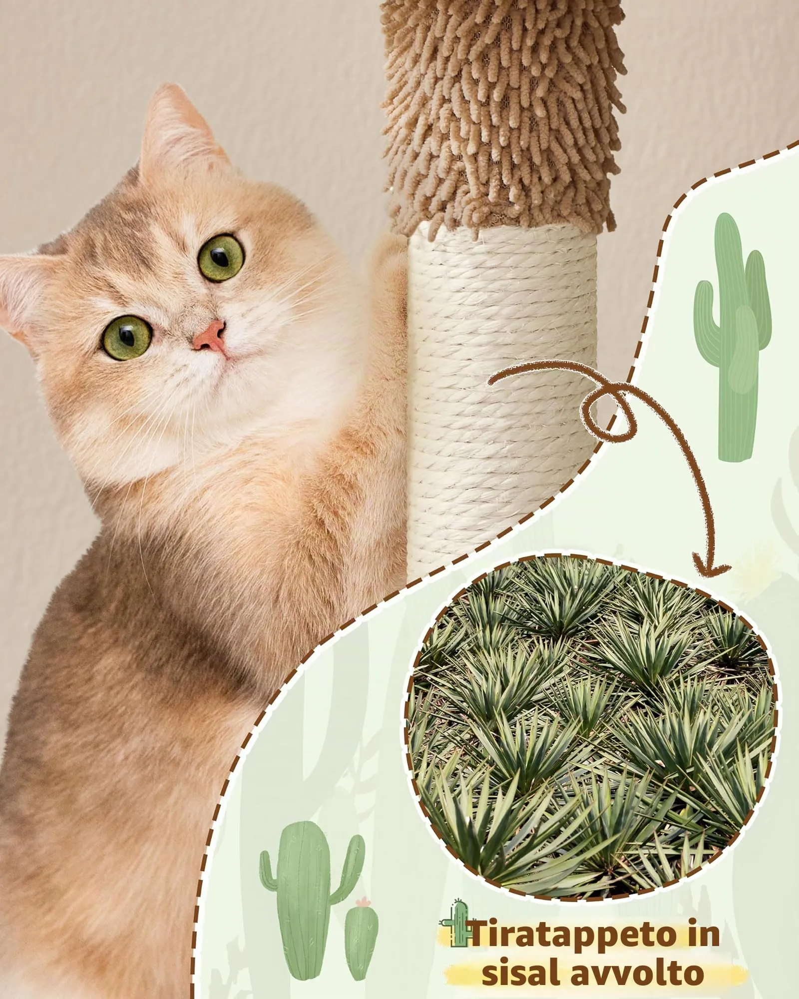 Yaheetech Albero Tiragraffi per Gatti a Forma di Cactus in Truciolato e Corda di Sisal 42,5 cm × 42,5 cm × 106,5 cm Marrone/Verde - immagine 7