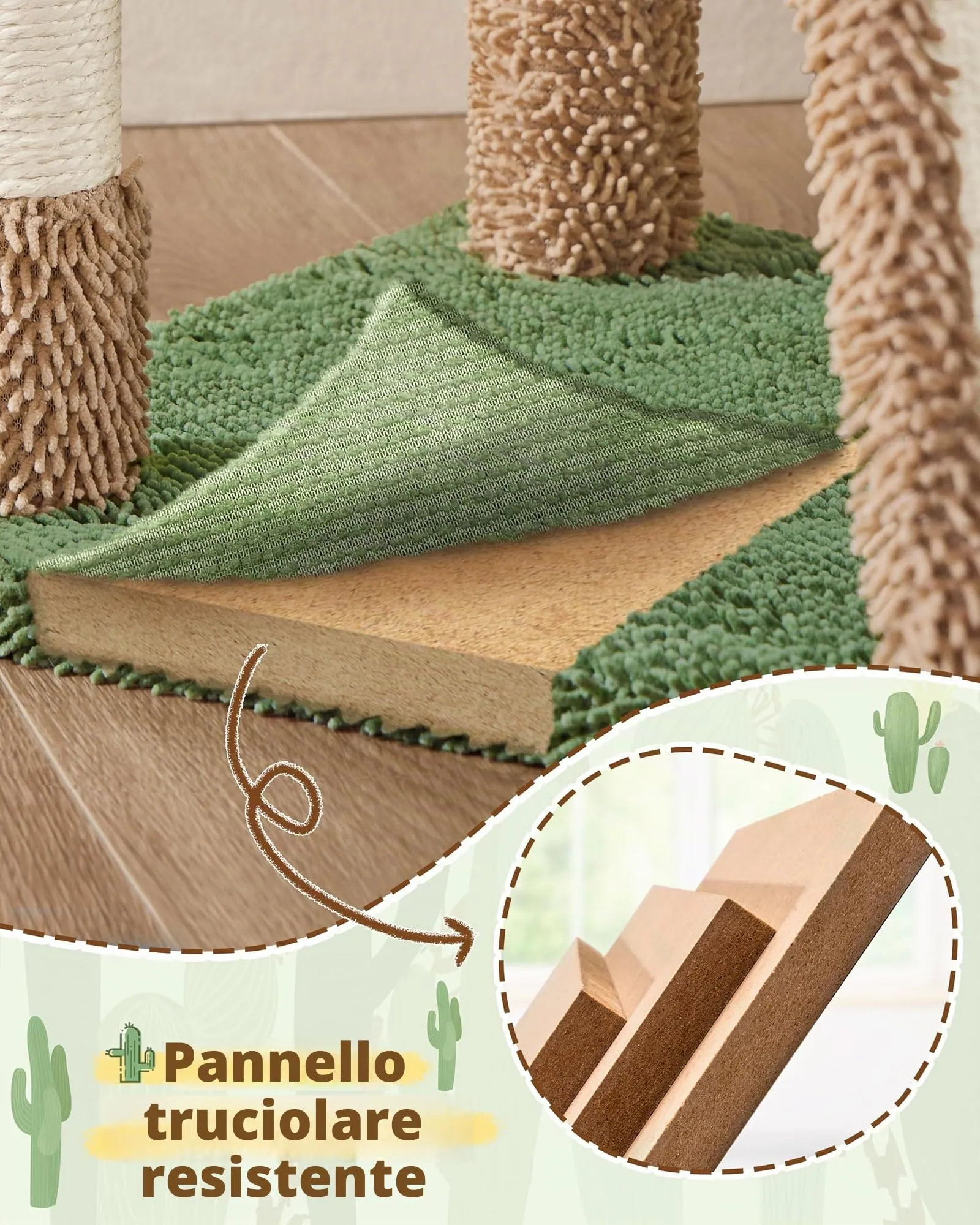 Yaheetech Albero Tiragraffi per Gatti a Forma di Cactus in Truciolato e Corda di Sisal 42,5 cm × 42,5 cm × 106,5 cm Marrone/Verde - immagine 8