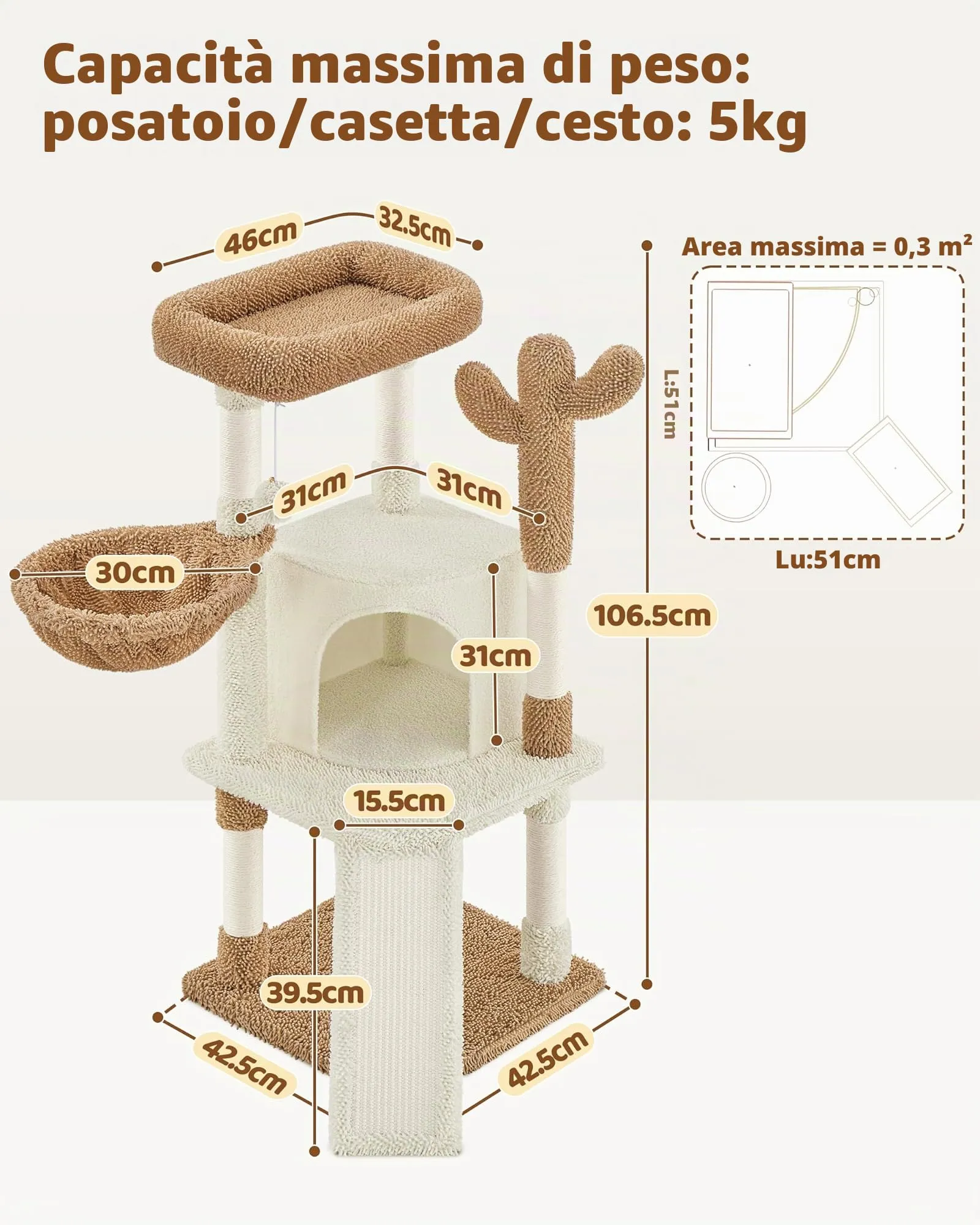Yaheetech Albero Tiragraffi per Gatti a Forma di Cactus in Truciolato e Corda di Sisal 42,5 cm × 42,5 cm × 106,5 cm Beige/Marrone - immagine 3