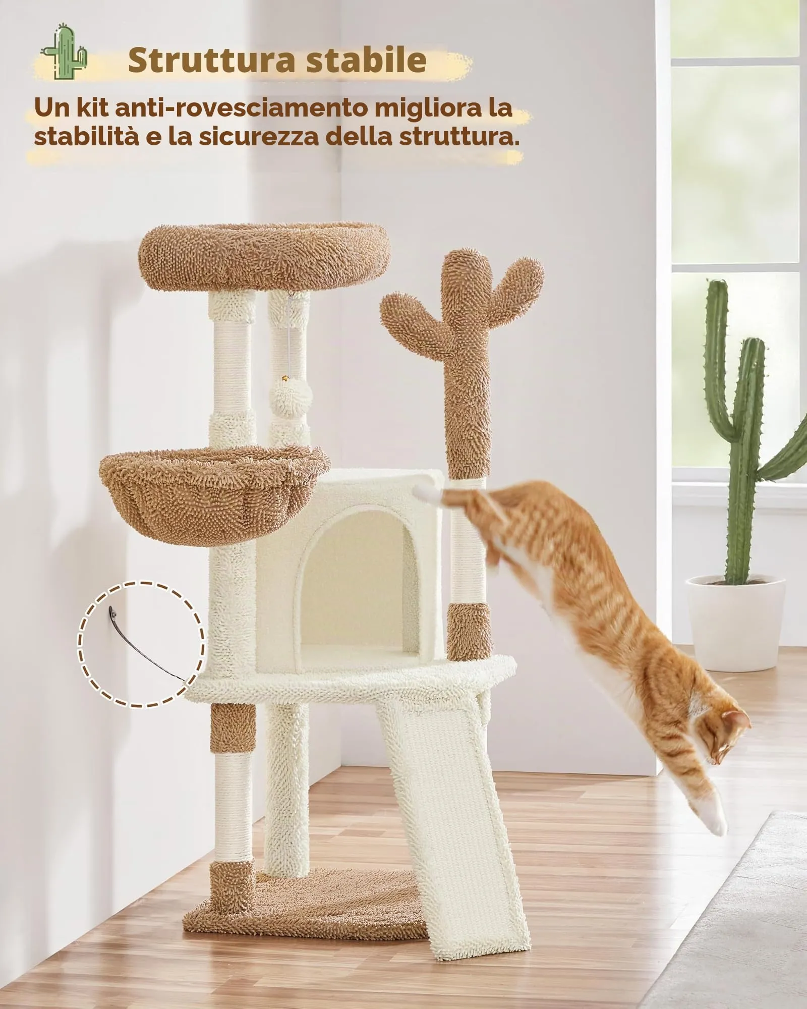 Yaheetech Albero Tiragraffi per Gatti a Forma di Cactus in Truciolato e Corda di Sisal 42,5 cm × 42,5 cm × 106,5 cm Beige/Marrone - immagine 4