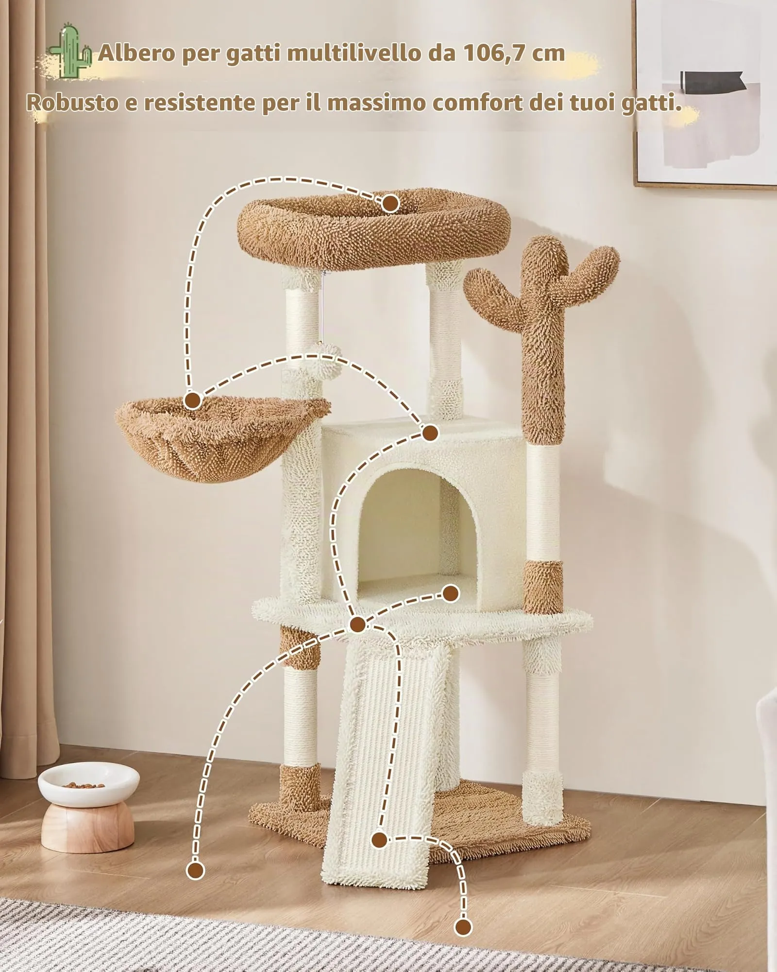 Yaheetech Albero Tiragraffi per Gatti a Forma di Cactus in Truciolato e Corda di Sisal 42,5 cm × 42,5 cm × 106,5 cm Beige/Marrone - immagine 6