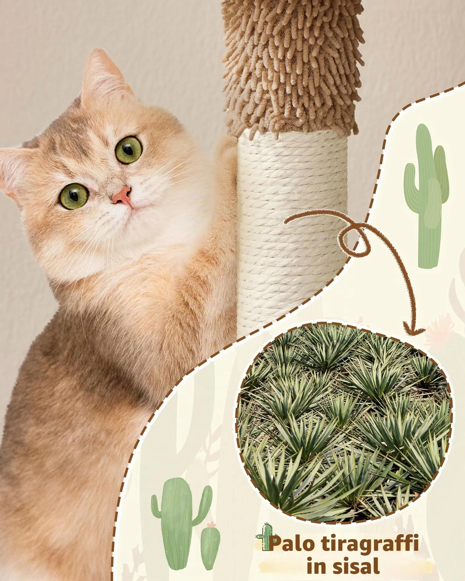 Yaheetech Albero Tiragraffi per Gatti a Forma di Cactus in Truciolato e Corda di Sisal 42,5 cm × 42,5 cm × 106,5 cm Beige/Marrone - immagine 7