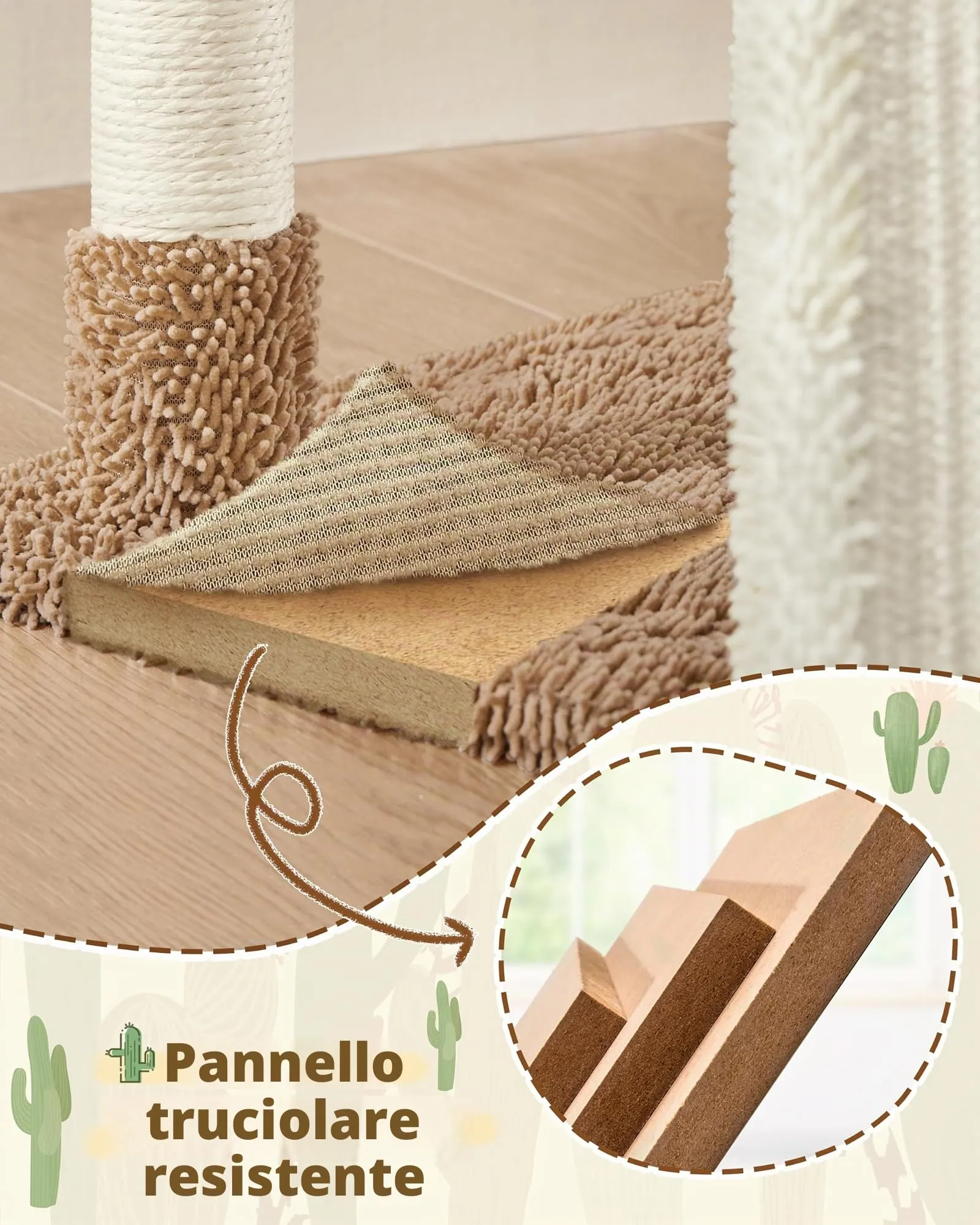 Yaheetech Albero Tiragraffi per Gatti a Forma di Cactus in Truciolato e Corda di Sisal 42,5 cm × 42,5 cm × 106,5 cm Beige/Marrone - immagine 8