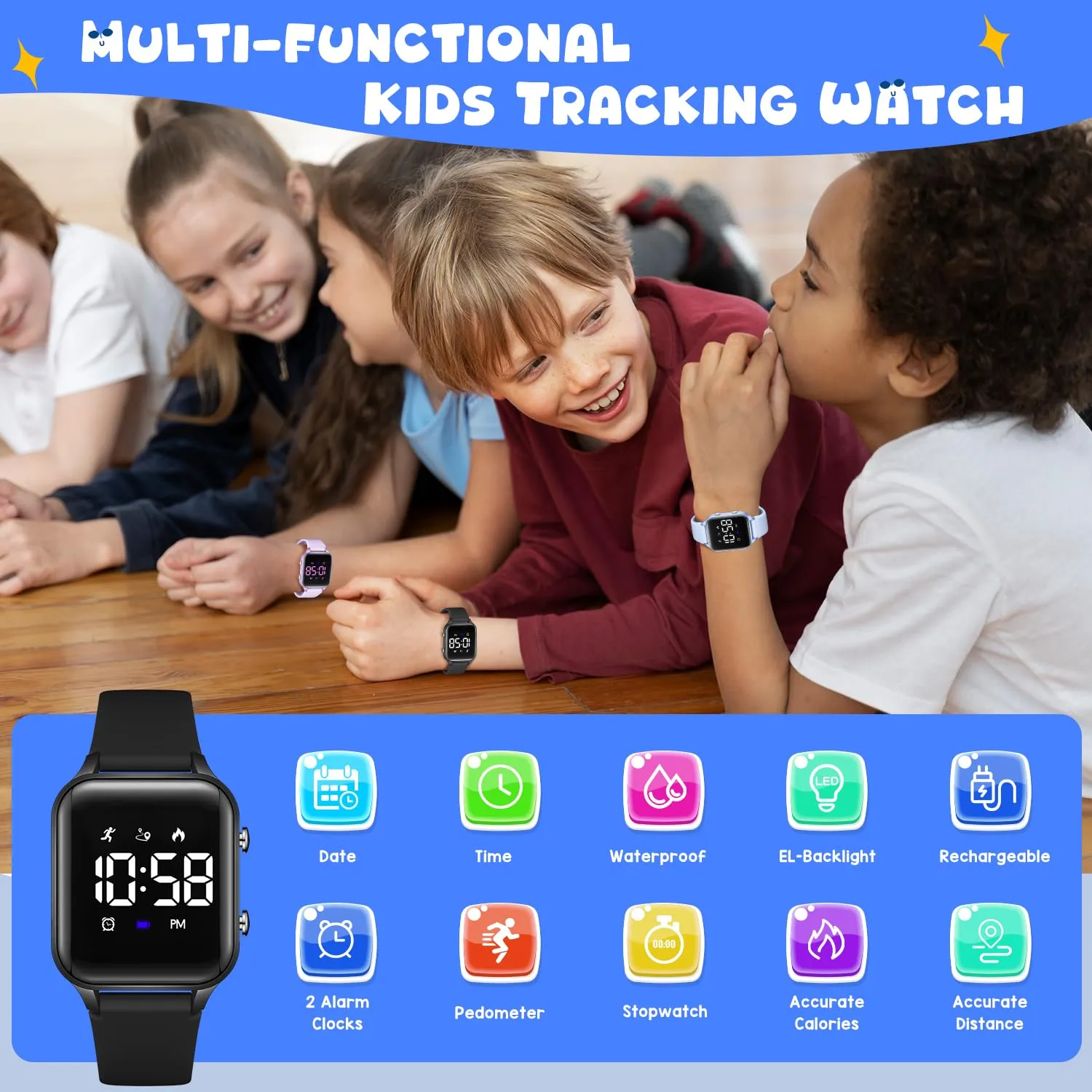 caprock Orologio digitale a LED per bambini, con contapassi, impermeabile fino a 50 atm, con calcolo della distanza/vibrazione, doppia sveglia/cronometro - immagine 2