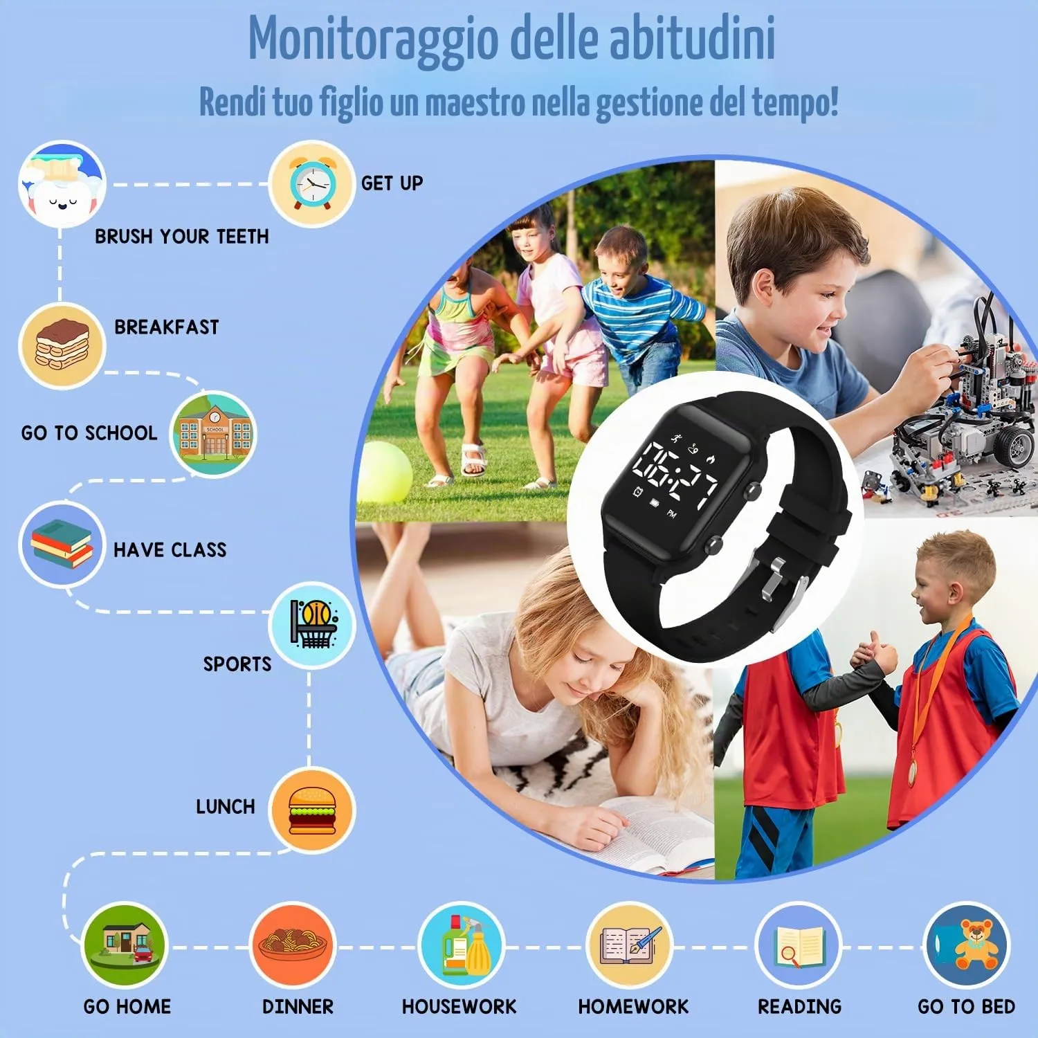 caprock Orologio digitale a LED per bambini, con contapassi, impermeabile fino a 50 atm, con calcolo della distanza/vibrazione, doppia sveglia/cronometro - immagine 3