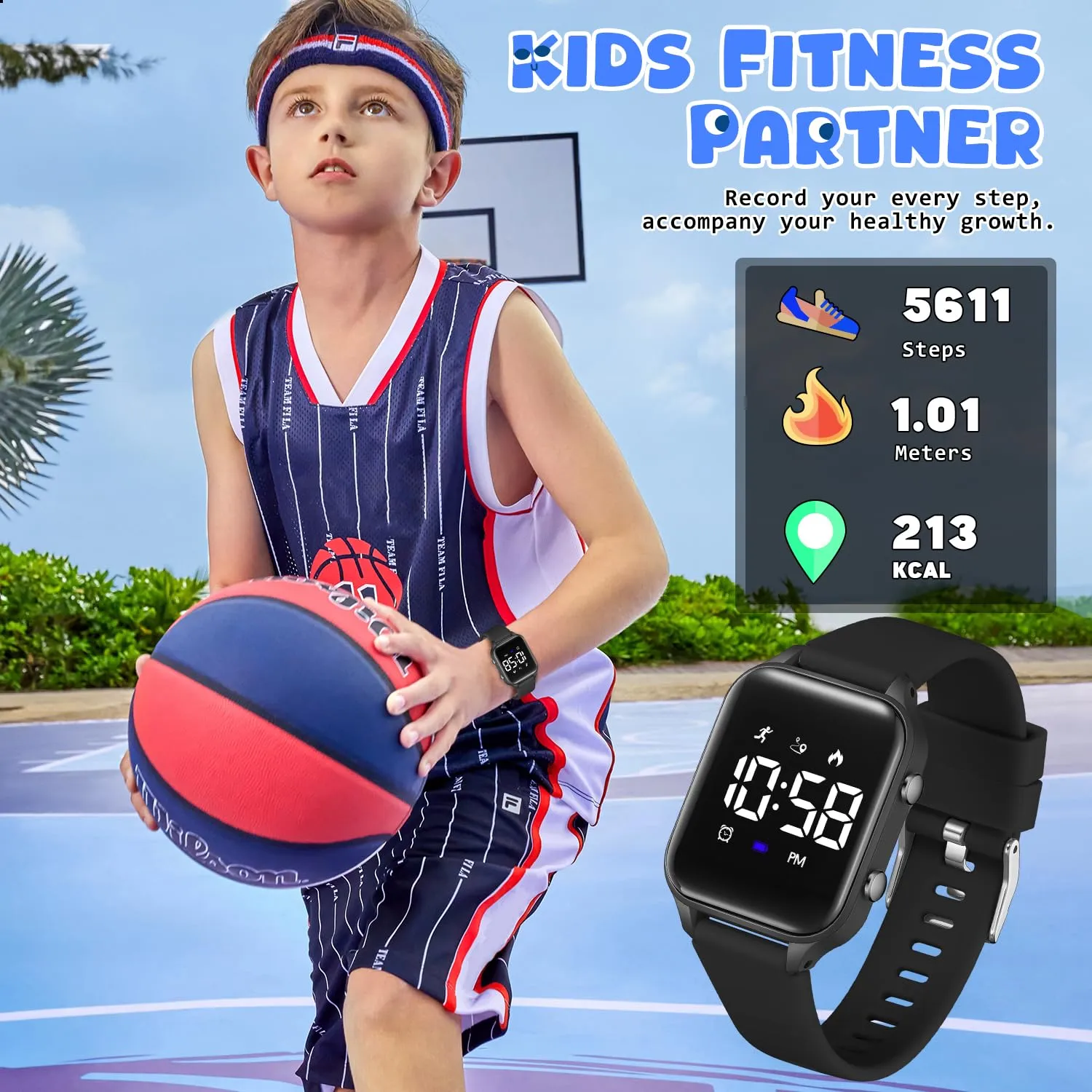 caprock Orologio digitale a LED per bambini, con contapassi, impermeabile fino a 50 atm, con calcolo della distanza/vibrazione, doppia sveglia/cronometro - immagine 4