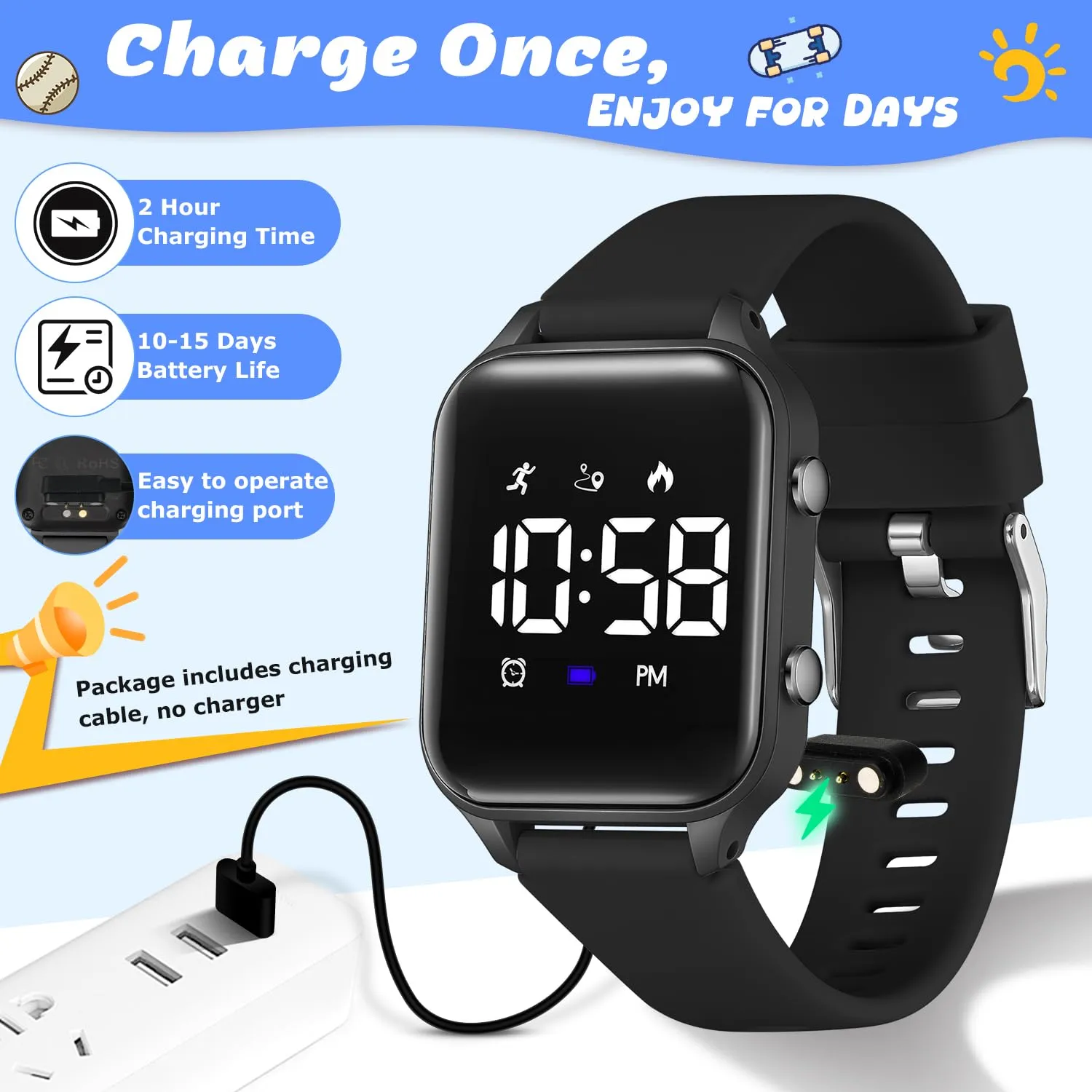 caprock Orologio digitale a LED per bambini, con contapassi, impermeabile fino a 50 atm, con calcolo della distanza/vibrazione, doppia sveglia/cronometro - immagine 6