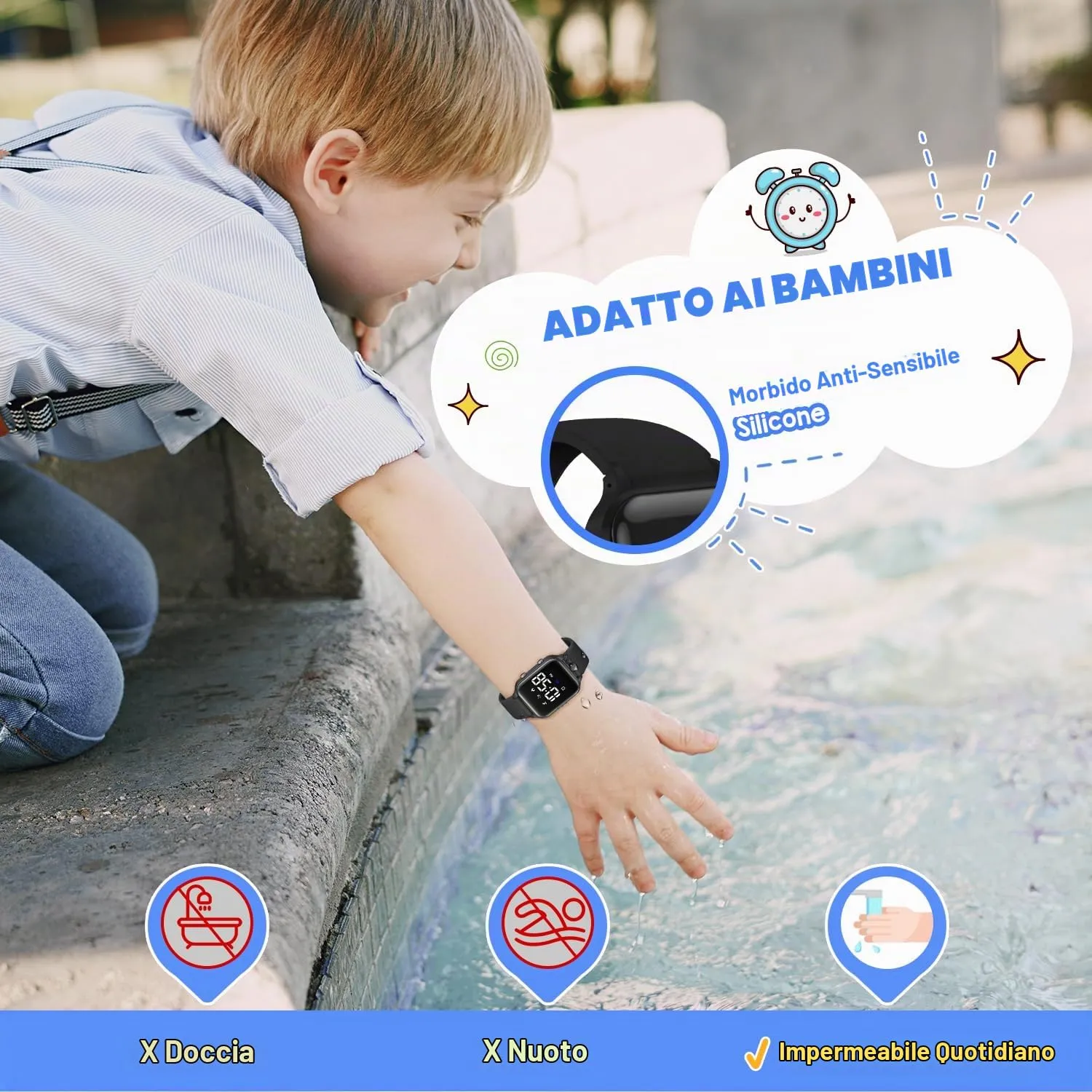 caprock Orologio digitale a LED per bambini, con contapassi, impermeabile fino a 50 atm, con calcolo della distanza/vibrazione, doppia sveglia/cronometro - immagine 7