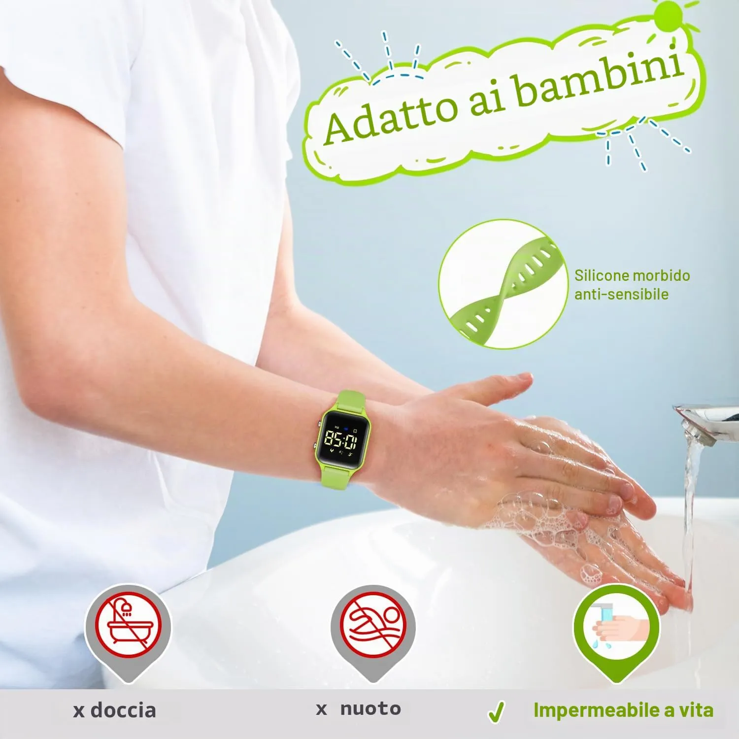 caprock Orologio digitale a LED per bambini, con contapassi, impermeabile fino a 50 atm, con calcolo della distanza/vibrazione, doppia sveglia/cronometro - immagine 2