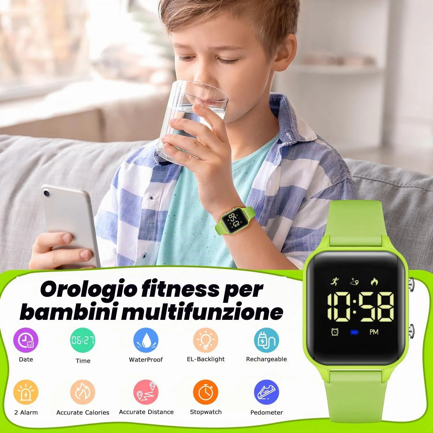 caprock Orologio digitale a LED per bambini, con contapassi, impermeabile fino a 50 atm, con calcolo della distanza/vibrazione, doppia sveglia/cronometro - immagine 5