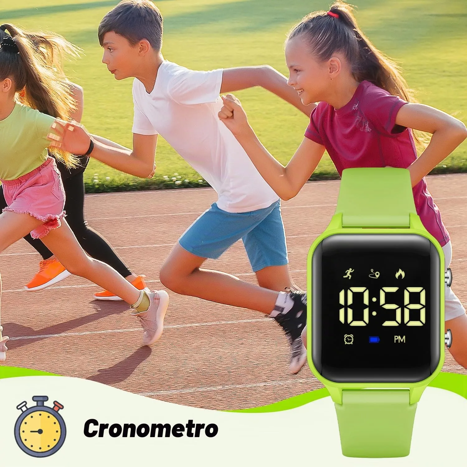 caprock Orologio digitale a LED per bambini, con contapassi, impermeabile fino a 50 atm, con calcolo della distanza/vibrazione, doppia sveglia/cronometro - immagine 7