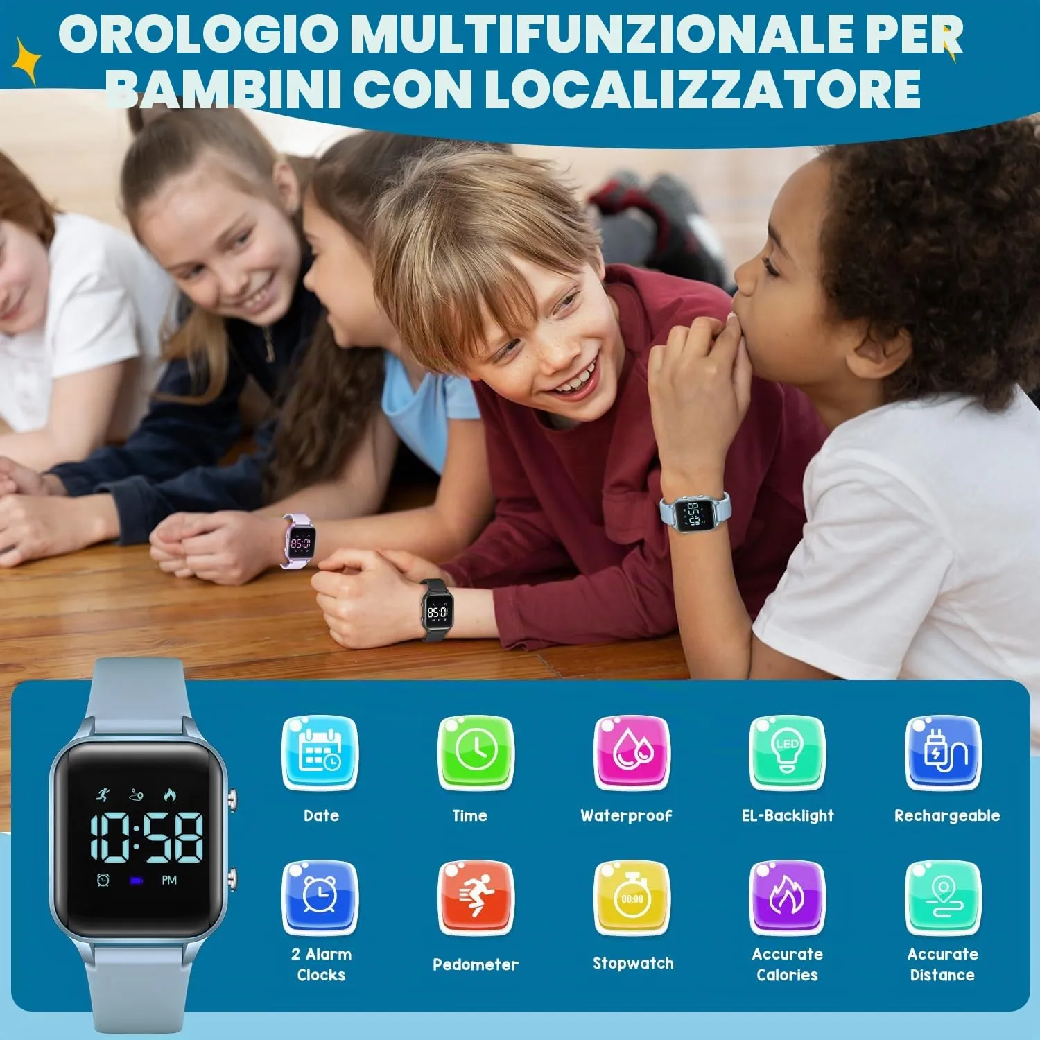caprock Orologio digitale a LED per bambini, con contapassi, impermeabile fino a 50 atm, con calcolo della distanza/vibrazione, doppia sveglia/cronometro - immagine 2