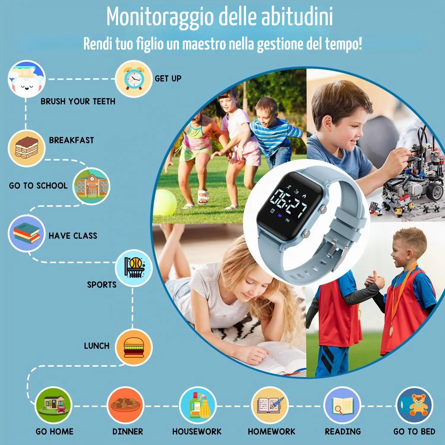 caprock Orologio digitale a LED per bambini, con contapassi, impermeabile fino a 50 atm, con calcolo della distanza/vibrazione, doppia sveglia/cronometro - immagine 3