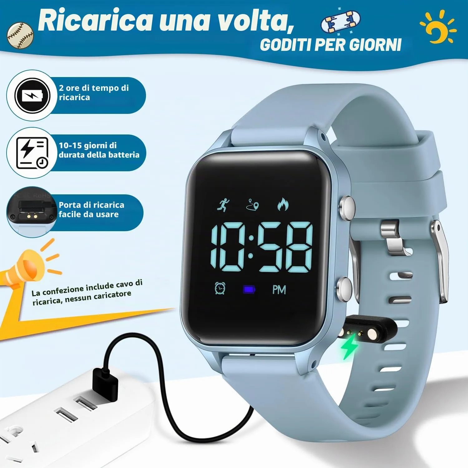 caprock Orologio digitale a LED per bambini, con contapassi, impermeabile fino a 50 atm, con calcolo della distanza/vibrazione, doppia sveglia/cronometro - immagine 6